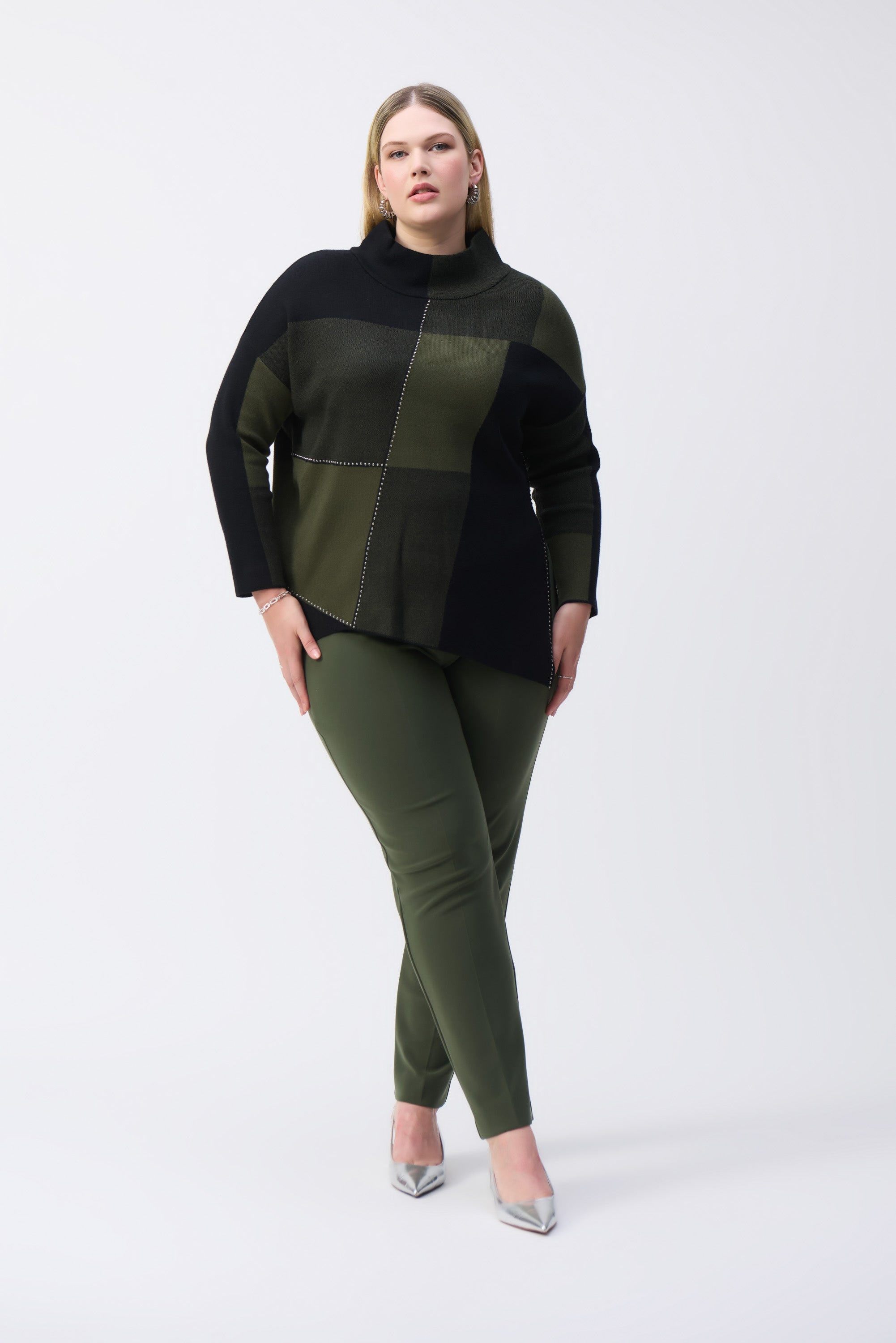 Joseph Ribkoff (243944) Women's Long Sleeve Colour-Block Jacquard Knit Pullover With Mock Neck, and Studded detailing in Black and Iguana Green