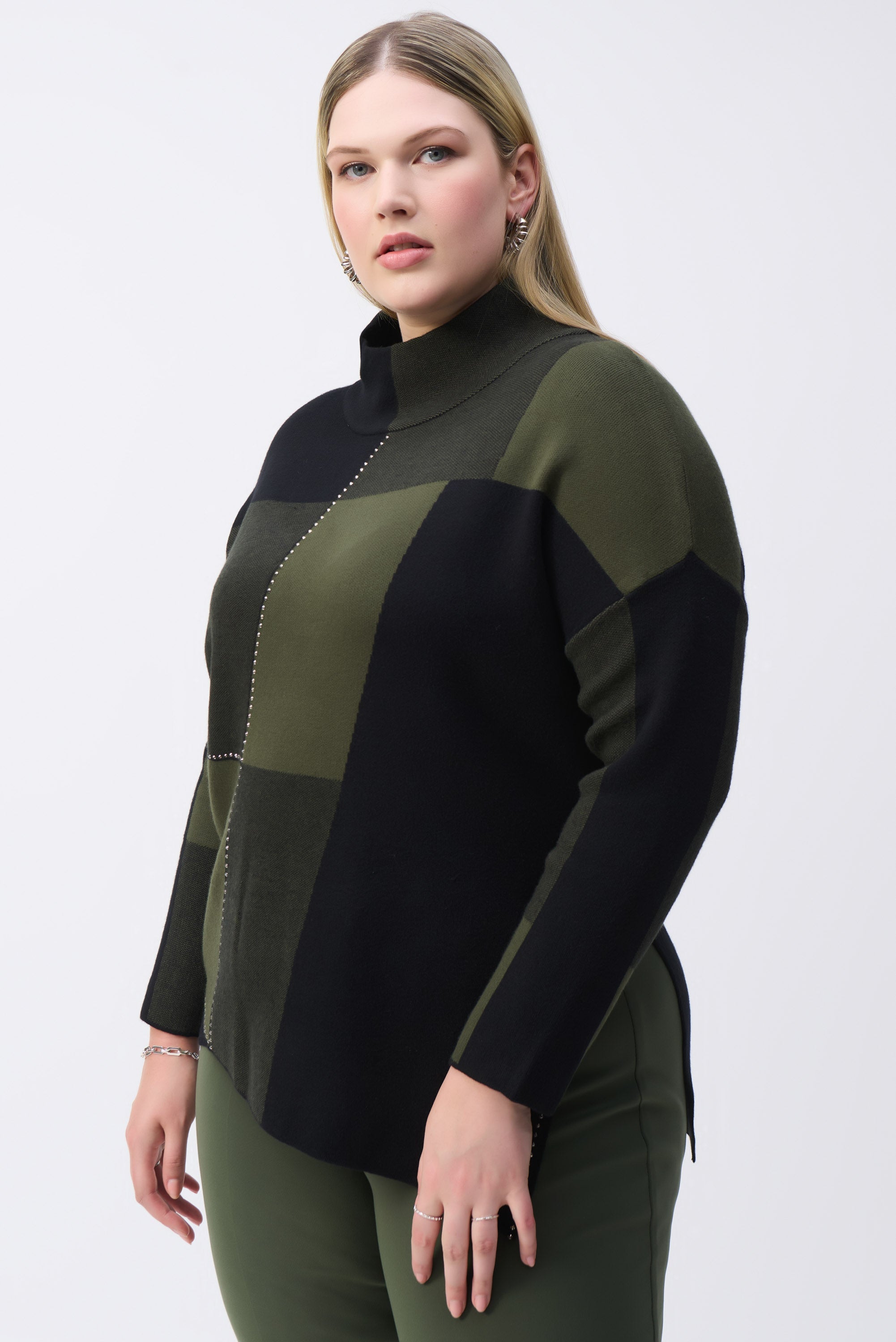 Joseph Ribkoff (243944) Women's Long Sleeve Colour-Block Jacquard Knit Pullover With Mock Neck, and Studded detailing in Black and Iguana Green