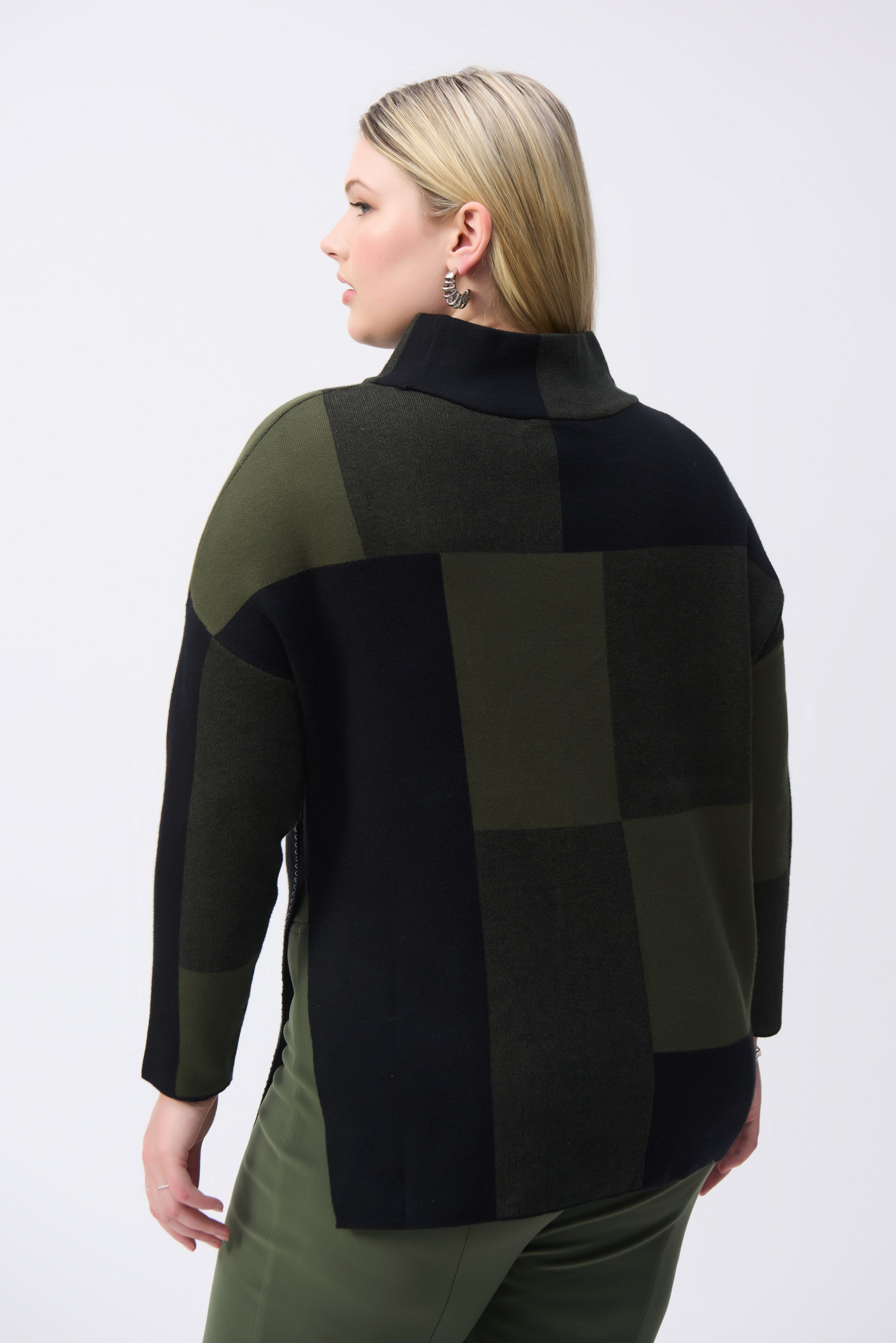 Back view of Joseph Ribkoff (243944) Women's Long Sleeve Colour-Block Jacquard Knit Pullover With Mock Neck, and Studded detailing in Black and Iguana Green