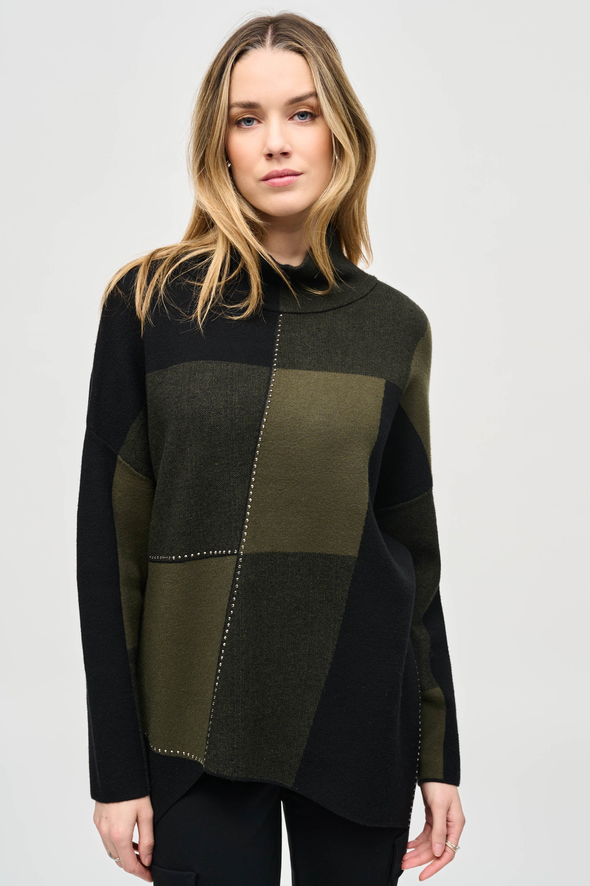 Joseph Ribkoff (243944) Women's Long Sleeve Colour-Block Jacquard Knit Pullover With Mock Neck, and Studded detailing in Black and Iguana Green