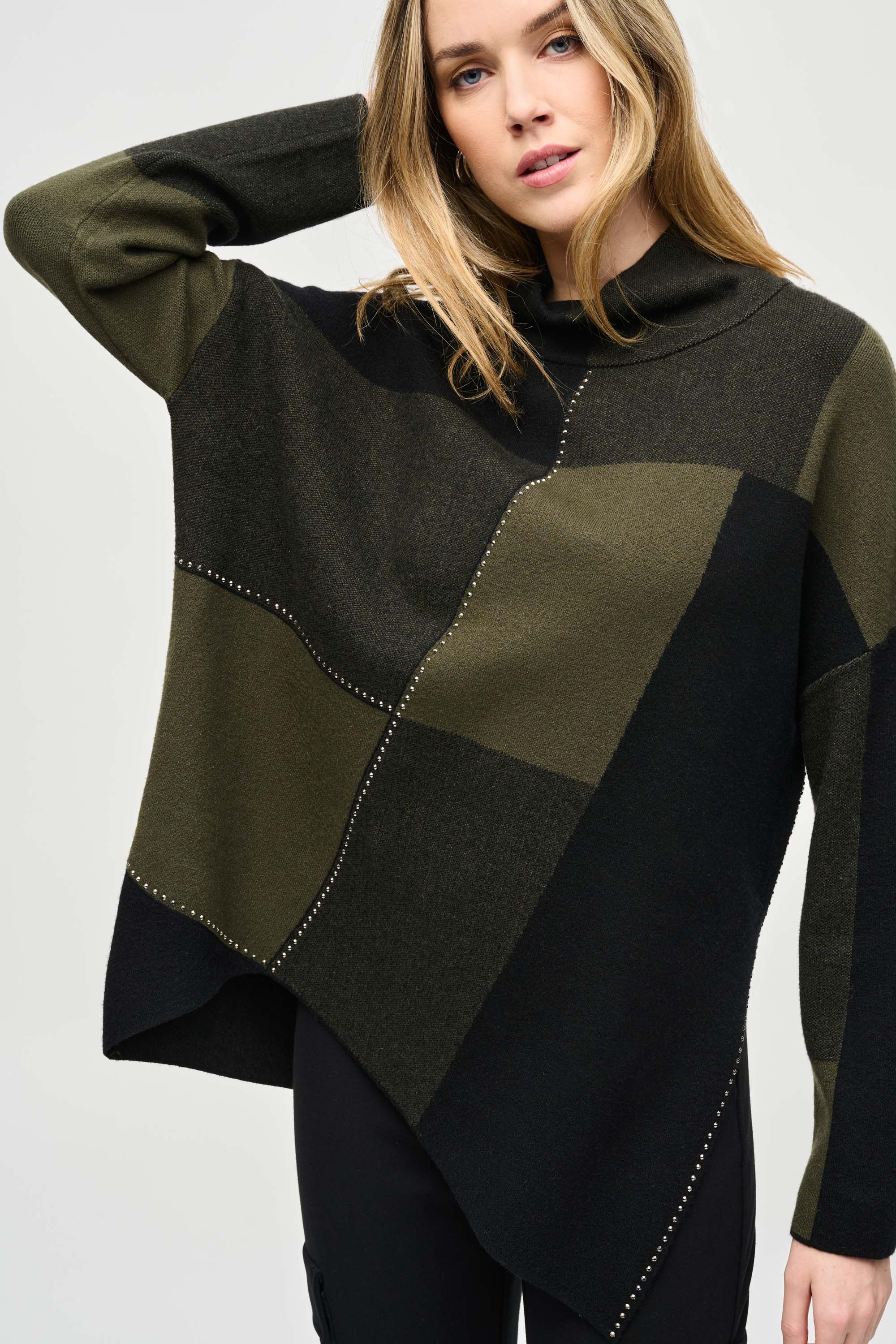 Joseph Ribkoff (243944) Women's Long Sleeve Colour-Block Jacquard Knit Pullover With Mock Neck, and Studded detailing in Black and Iguana Green