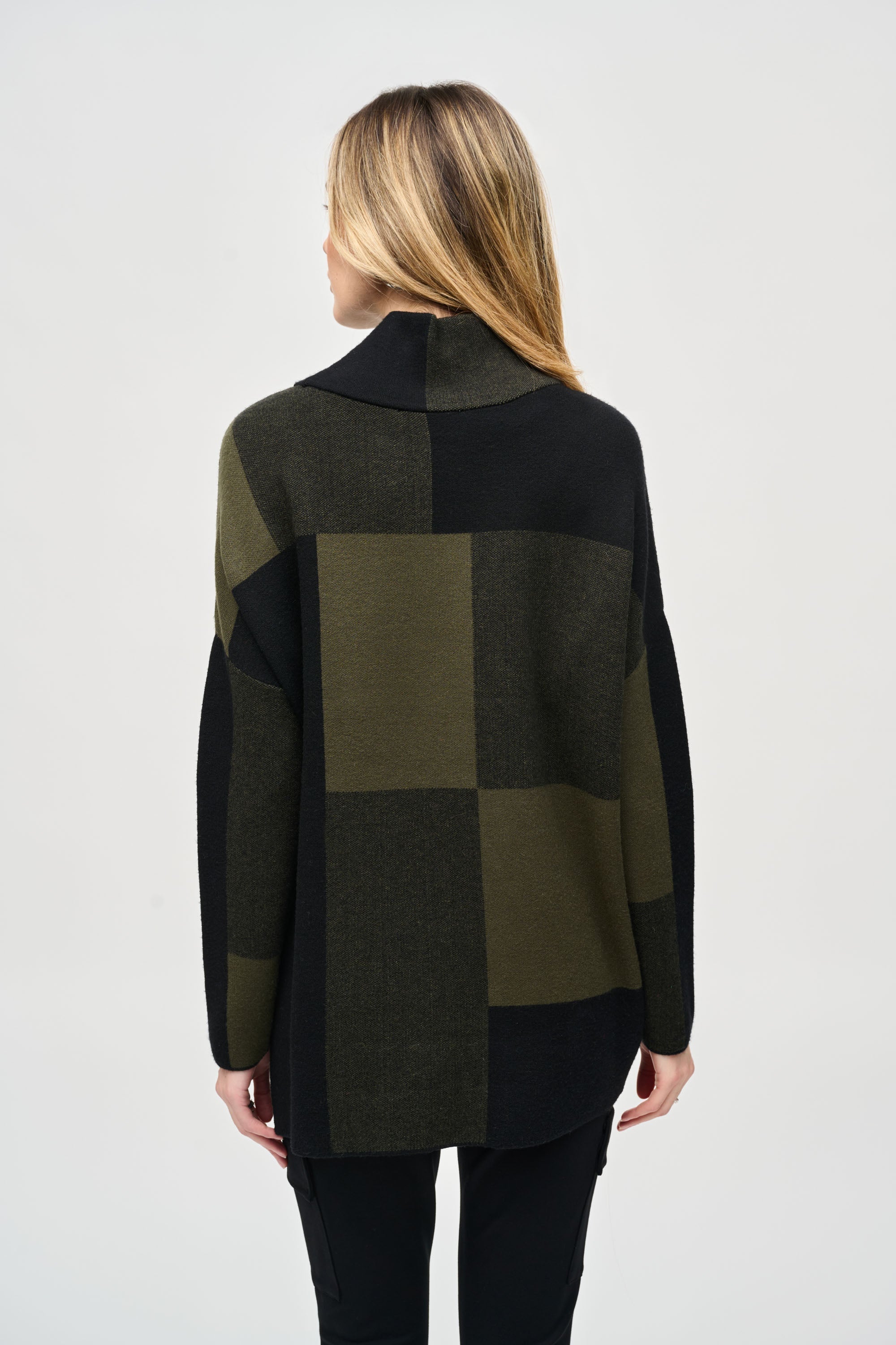 Back view of Joseph Ribkoff (243944) Women's Long Sleeve Colour-Block Jacquard Knit Pullover With Mock Neck, and Studded detailing in Black and Iguana Green