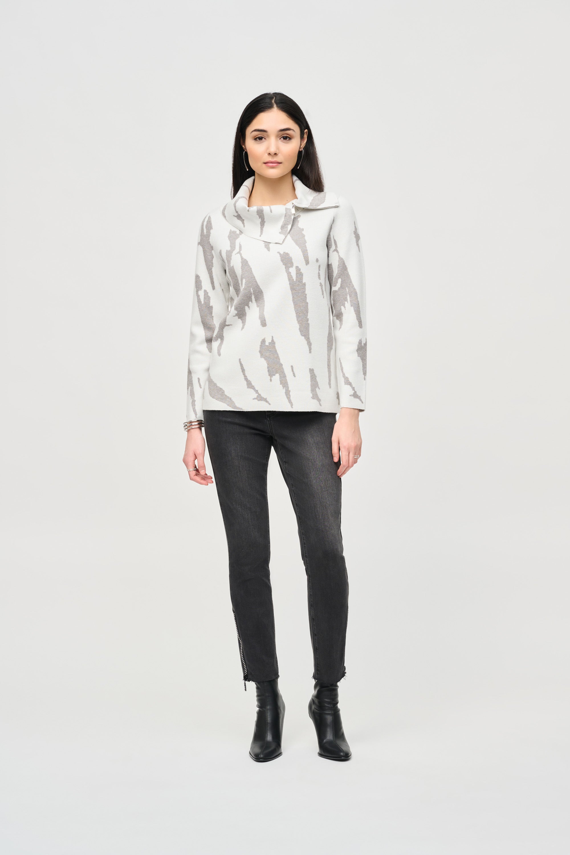 Joseph Ribkoff (243945) Long Sleeve Jacquard Sweater Knit Cowl Neck Top in Vanilla/Grey and White