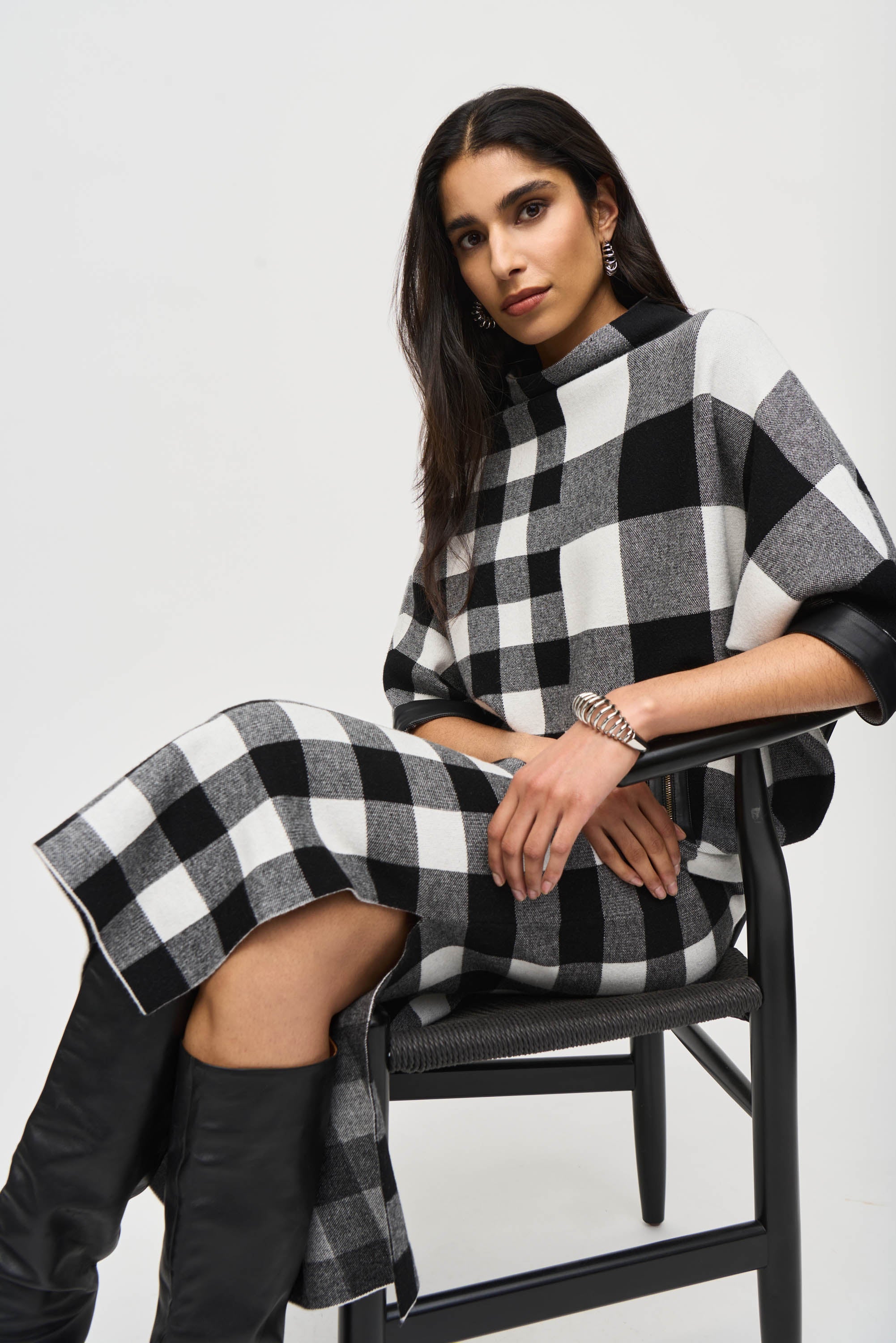 Joseph Ribkoff (243947) Plaid Jacquard Knit Skirt in Black/Vanilla showing side slit