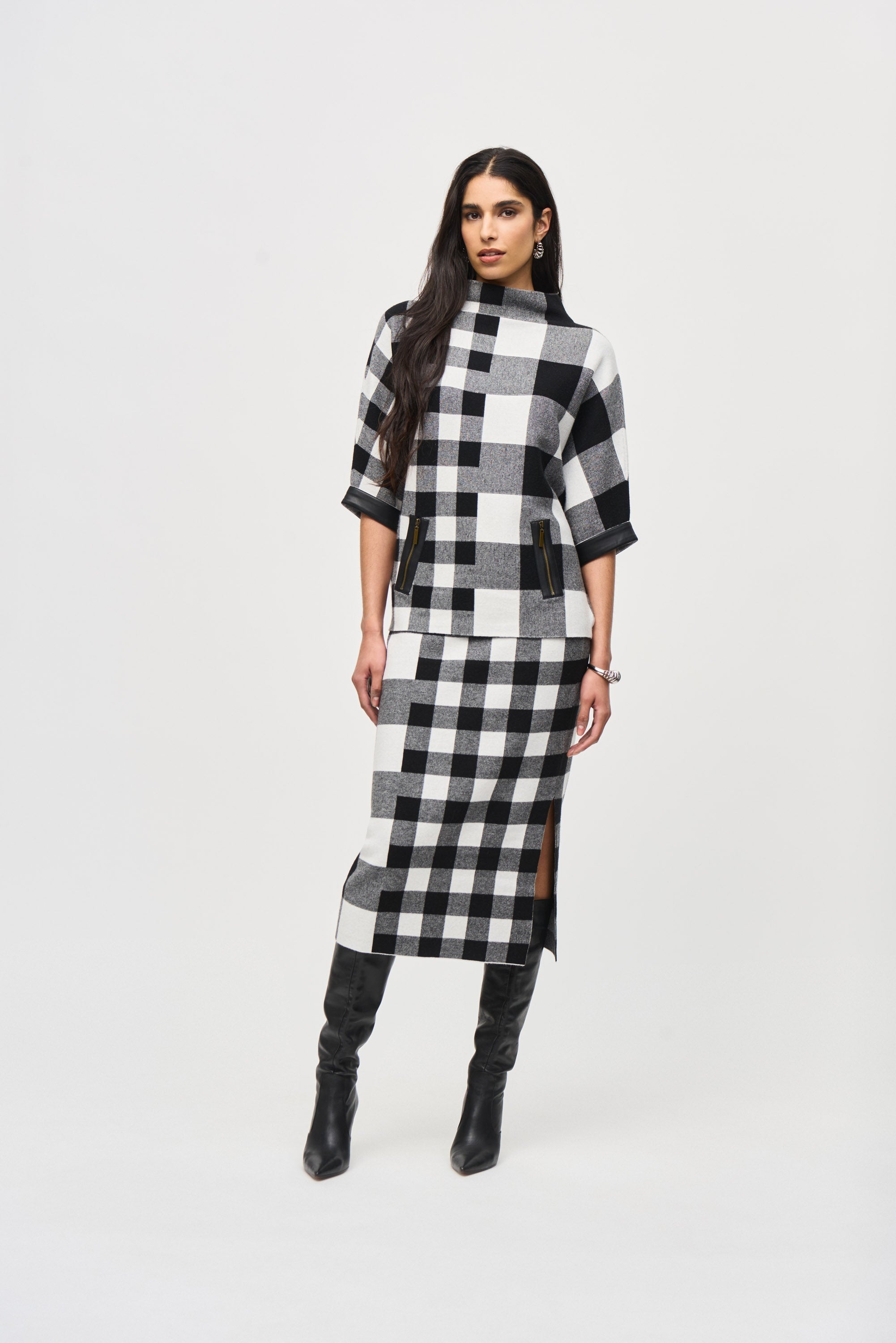 Joseph Ribkoff (243947) Plaid Jacquard Knit Skirt in Black/Vanilla full body