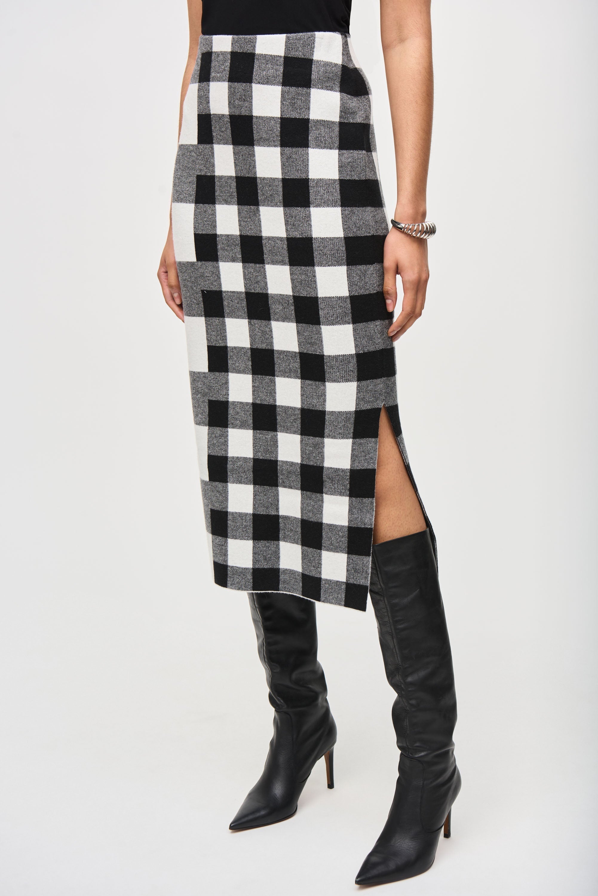 Joseph Ribkoff (243947) Plaid Jacquard Knit Skirt in Black/Vanilla side shot with details