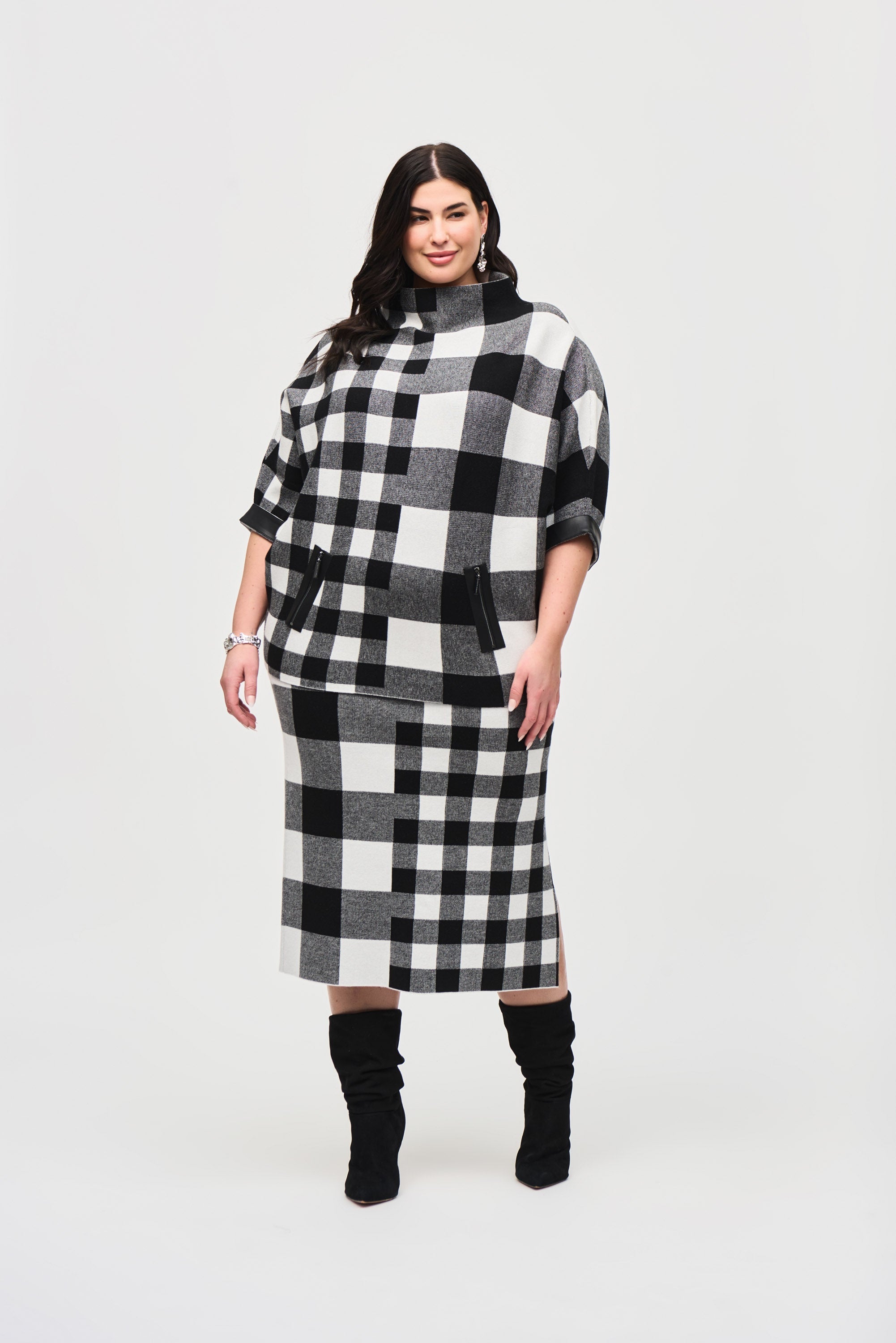 Joseph Ribkoff (243947) Plaid Jacquard Knit Skirt in Black/Vanilla on plus sized model