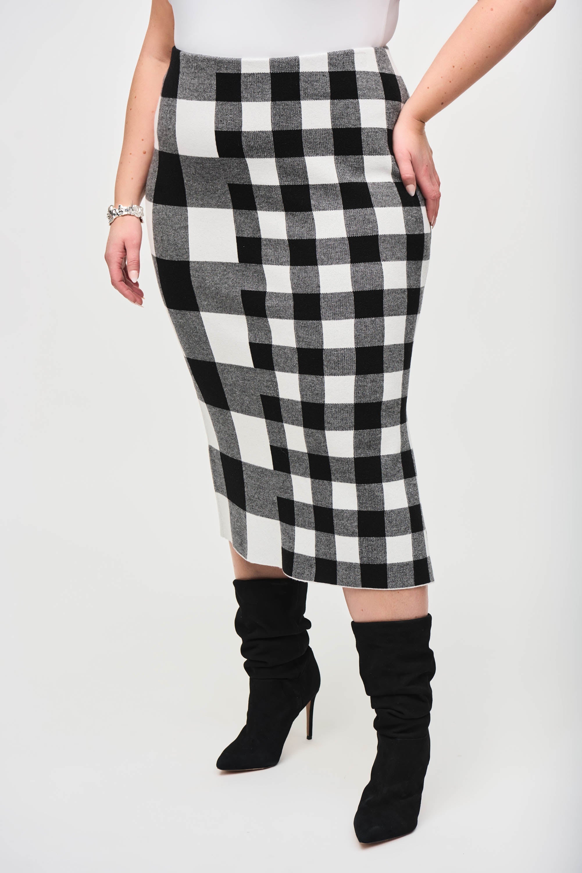 Joseph Ribkoff (243947) Plaid Jacquard Knit Skirt in Black/Vanilla on plus size model close up