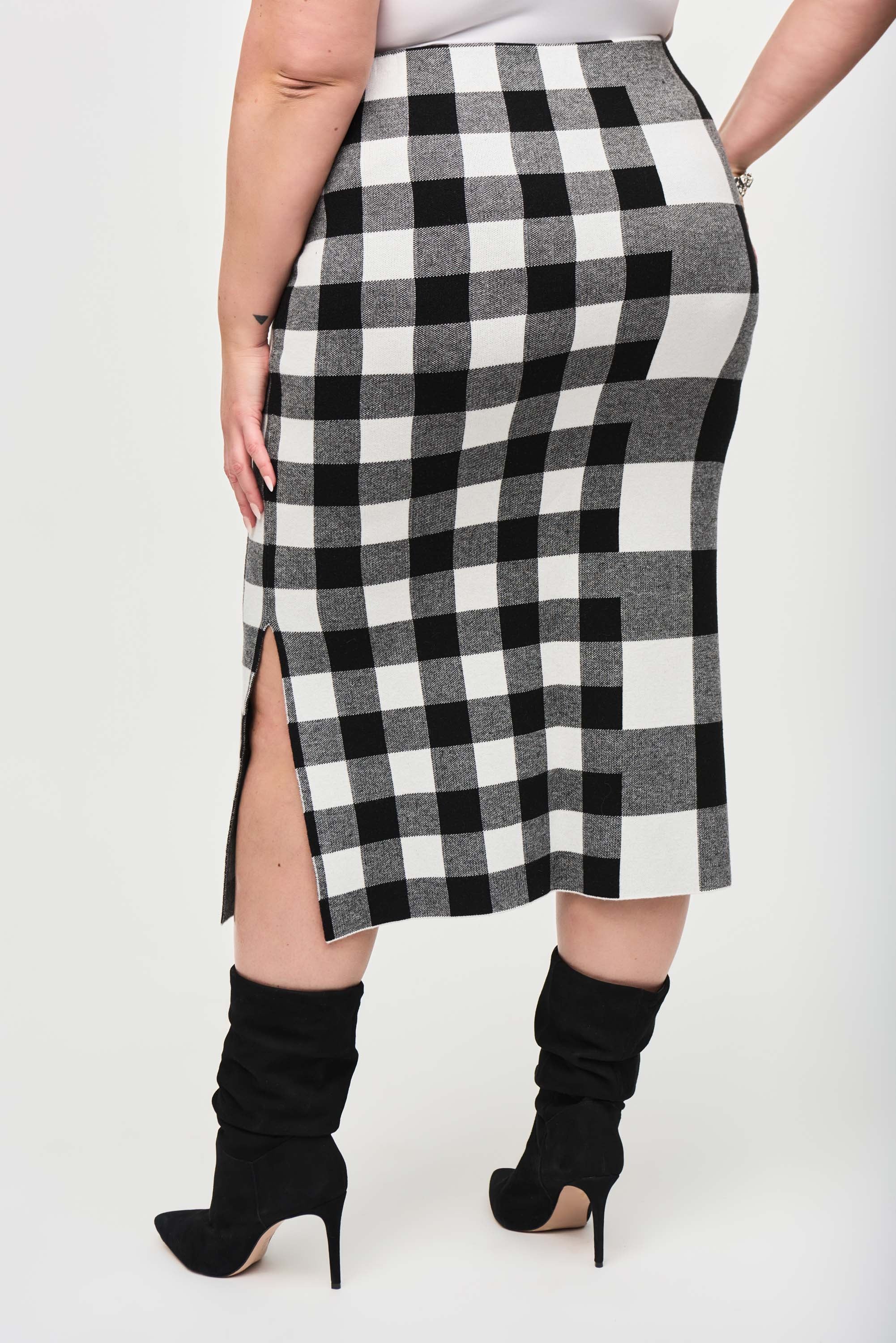 Joseph Ribkoff (243947) Plaid Jacquard Knit Skirt in Black/Vanilla on plus size model reverse of skirt