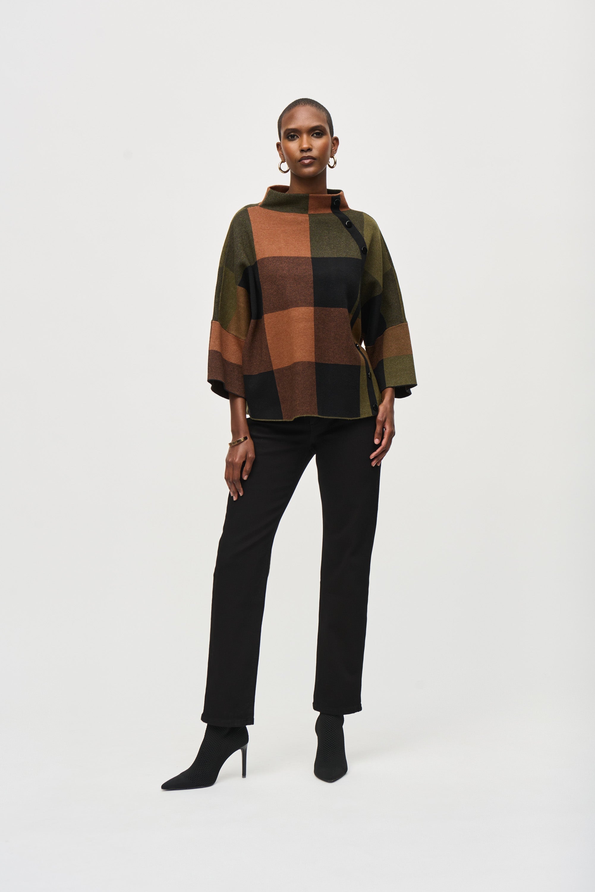 Joseph Ribkoff (243948) Women's 3/4 Sleeve Funnel Neck Knit Sweater Top in Brown, Green and Black Plaid