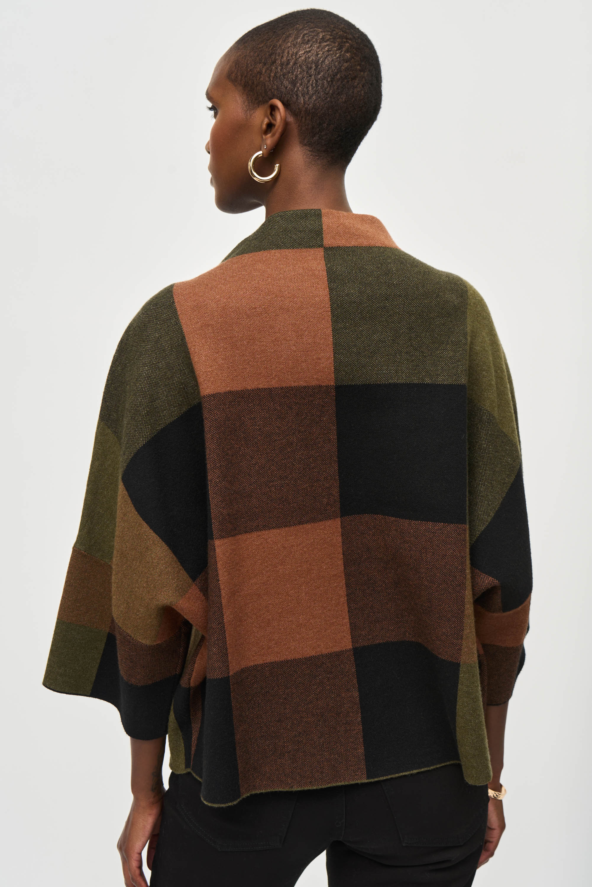 Back view of Joseph Ribkoff (243948) Women's 3/4 Sleeve Funnel Neck Knit Sweater Top in Brown, Green and Black Plaid