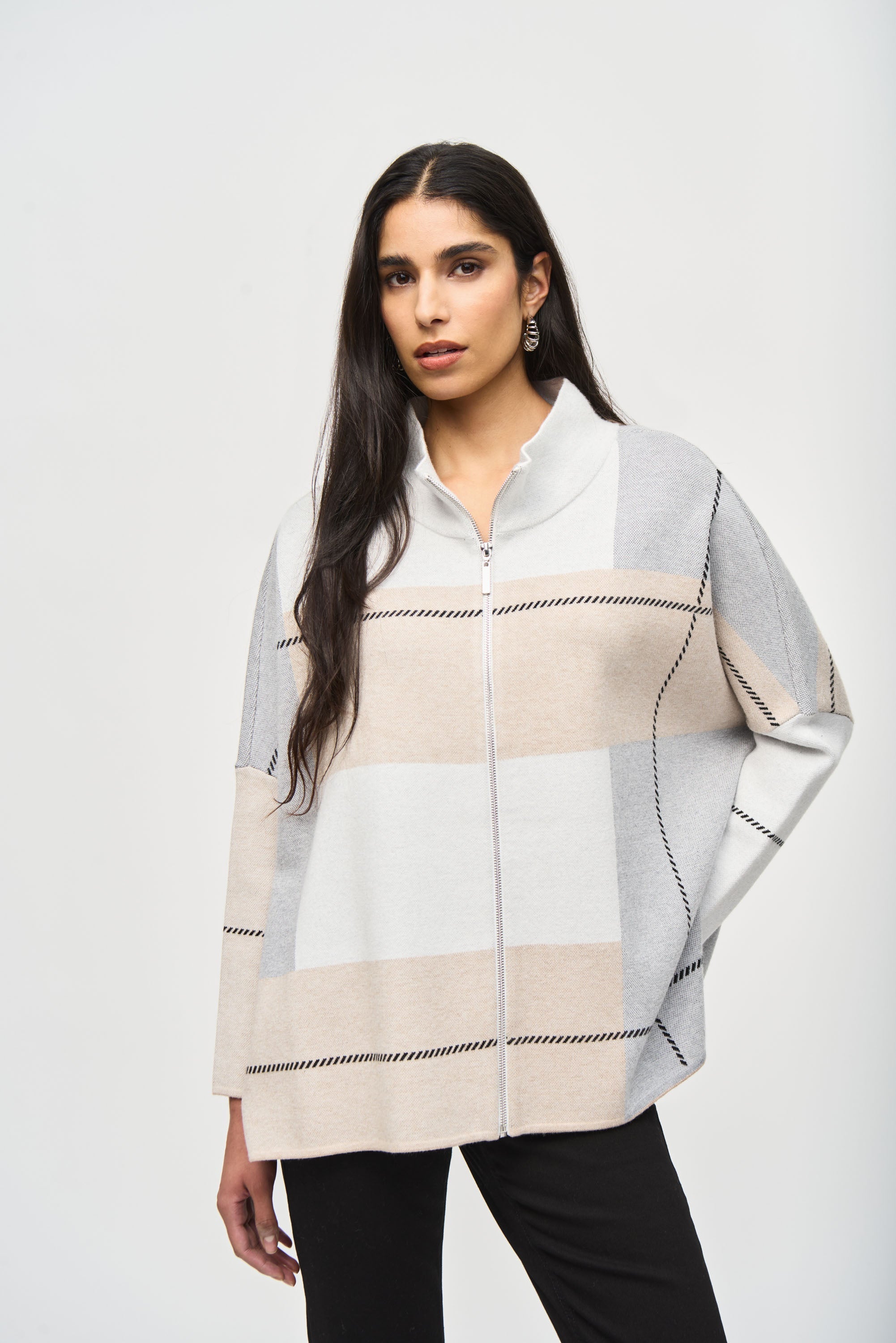 Joseph Ribkoff (243952) Long Sleeve Mock Neck Color-Block Jacquard Knit Sweater in Vanilla Oatmeal Grey White