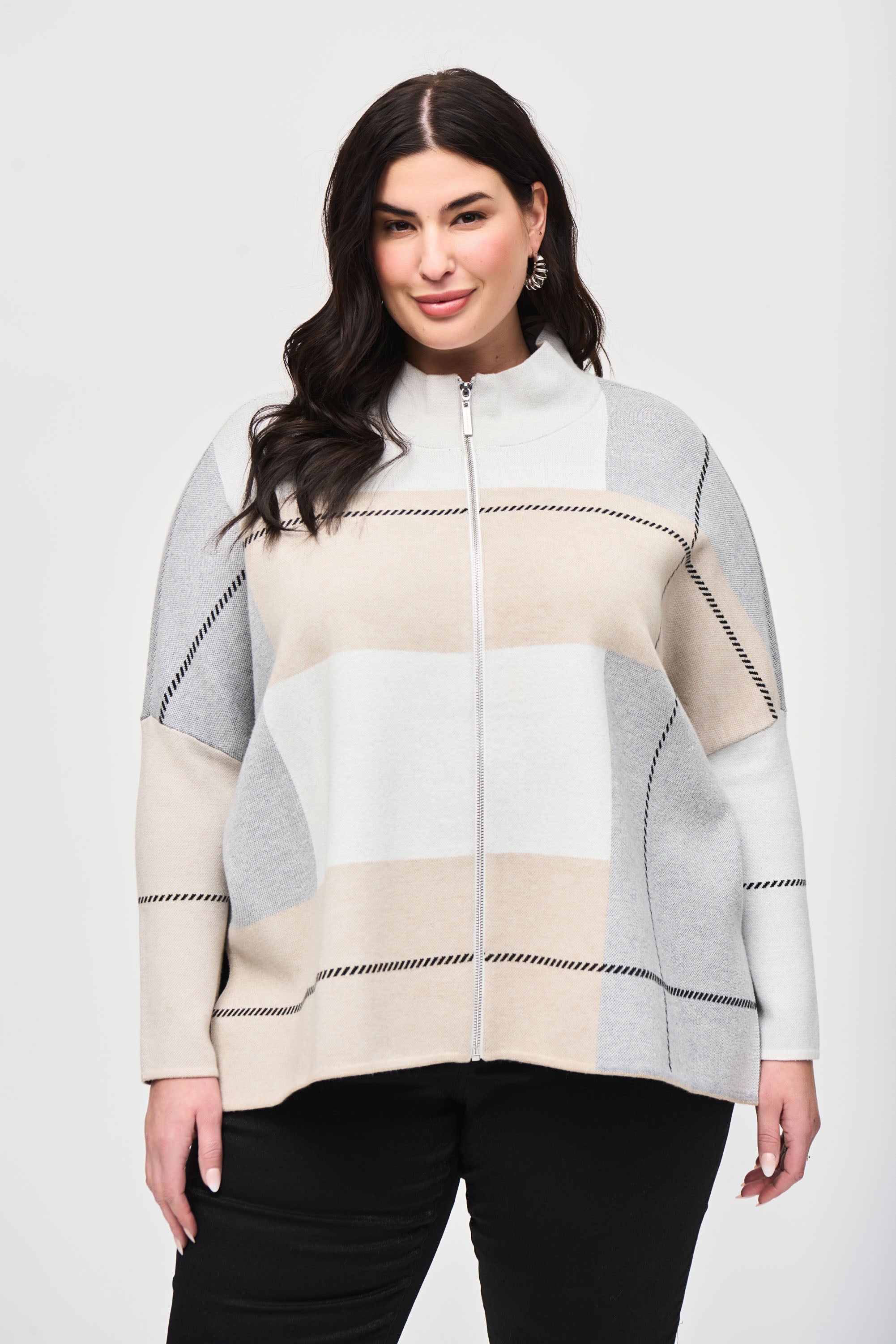 Joseph Ribkoff (243952) Long Sleeve Mock Neck Color-Block Jacquard Knit Sweater in Vanilla Oatmeal Grey White