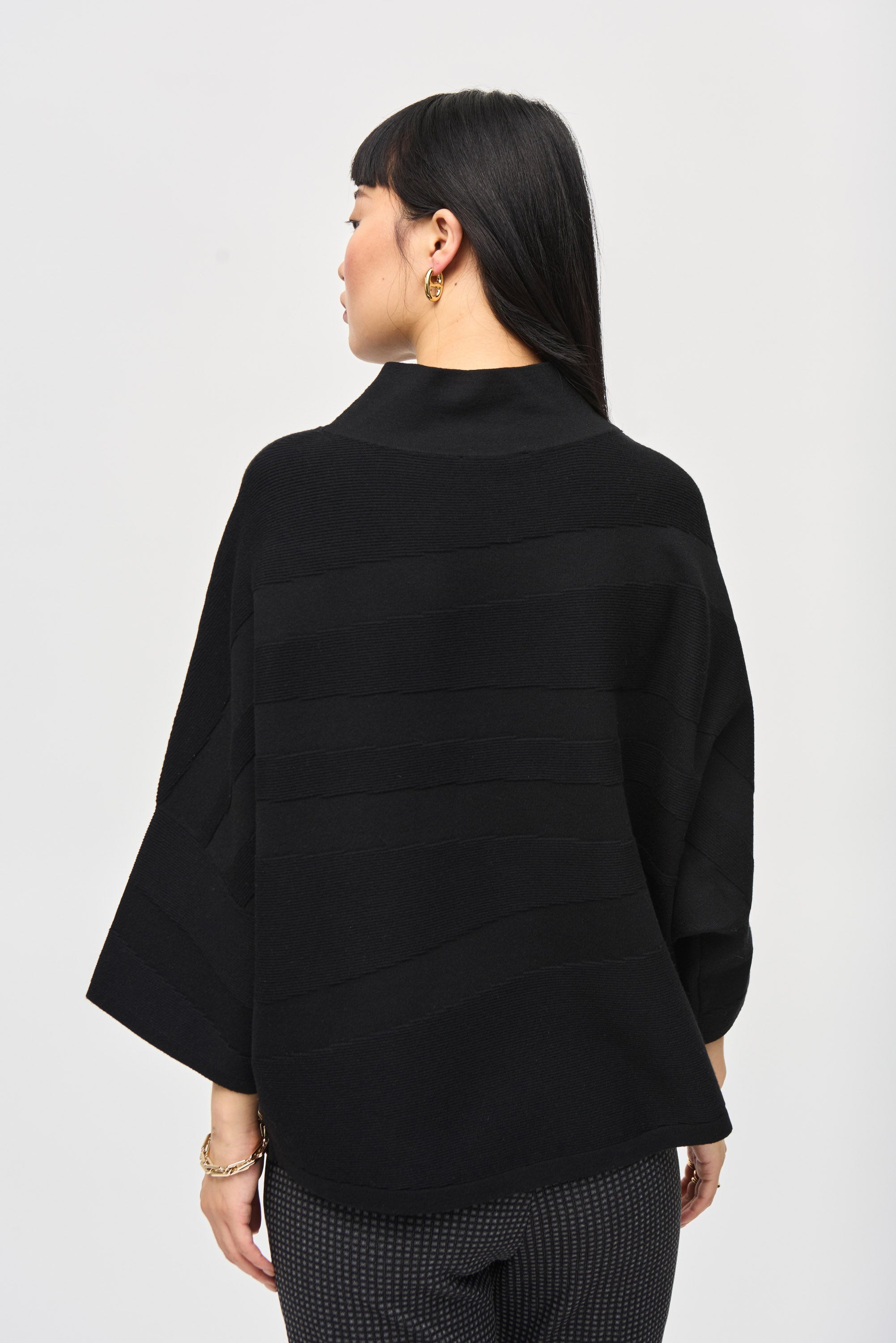 Back view of Joseph Ribkoff (243953) Women's 3/4 Sleeve Sweater Knit Mock Neck Boxy Top in Black