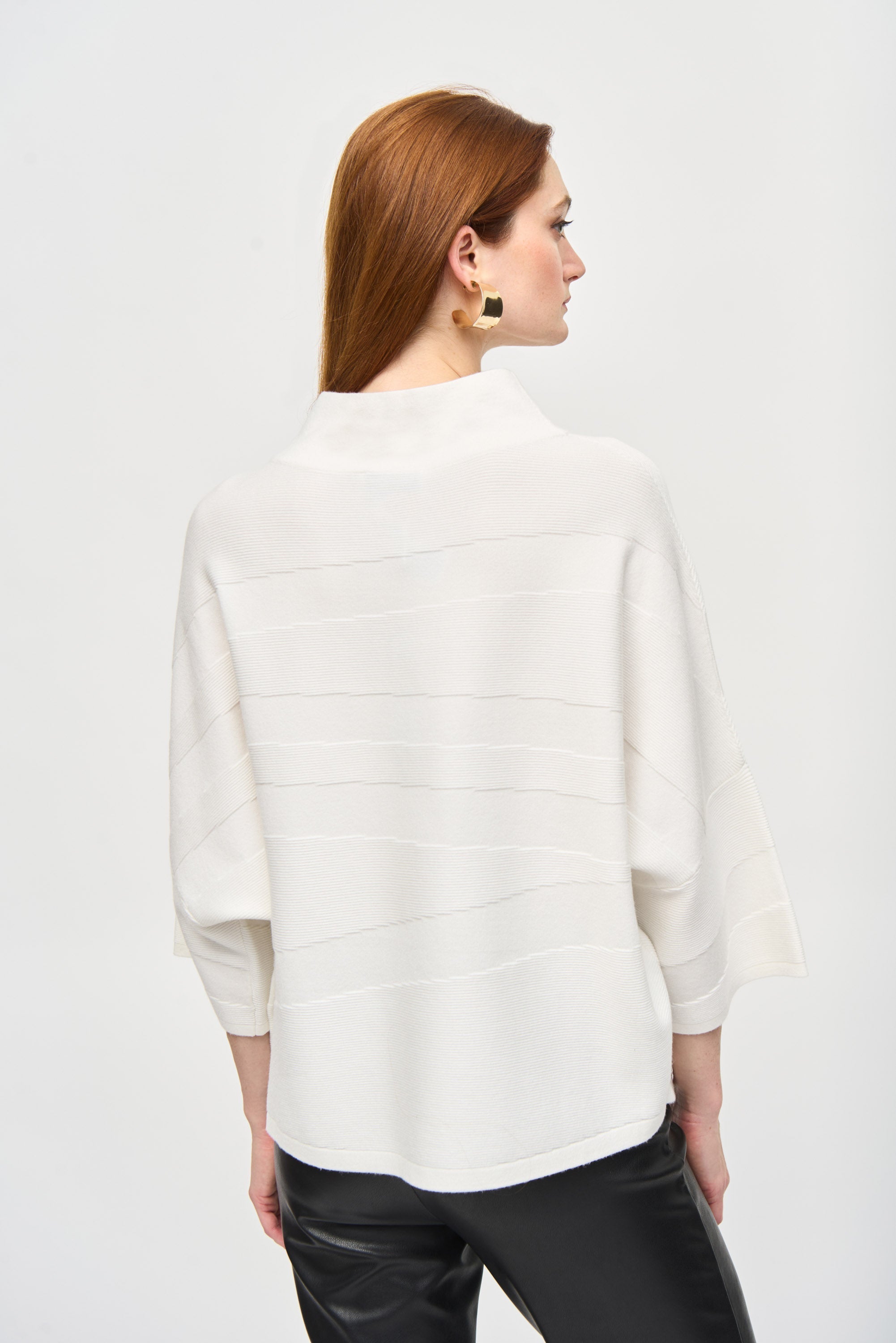 Back viewof Joseph Ribkoff (243953) Women's 3/4 Sleeve Sweater Knit Mock Neck Boxy Top in Vanilla White