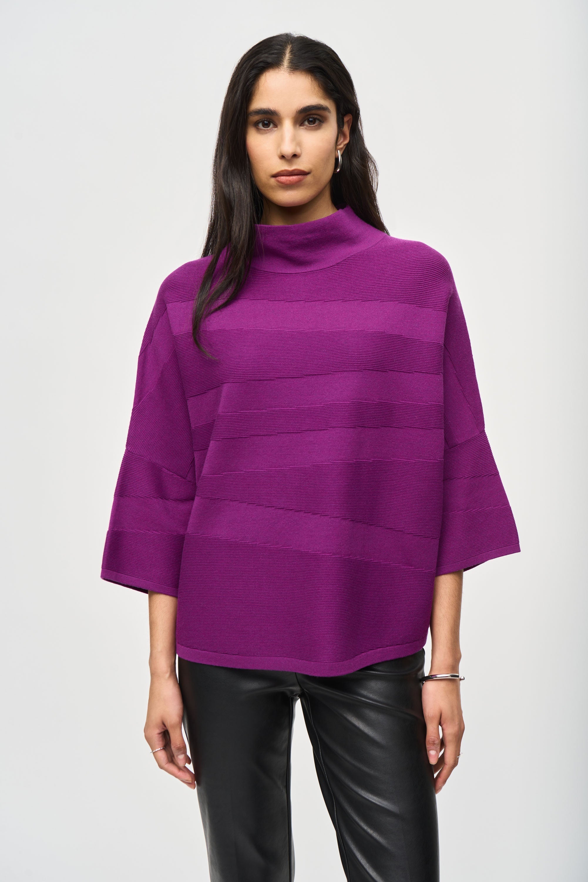 Joseph Ribkoff (243953) Women's 3/4 Sleeve Sweater Knit Mock Neck Boxy Top in Empress Purple