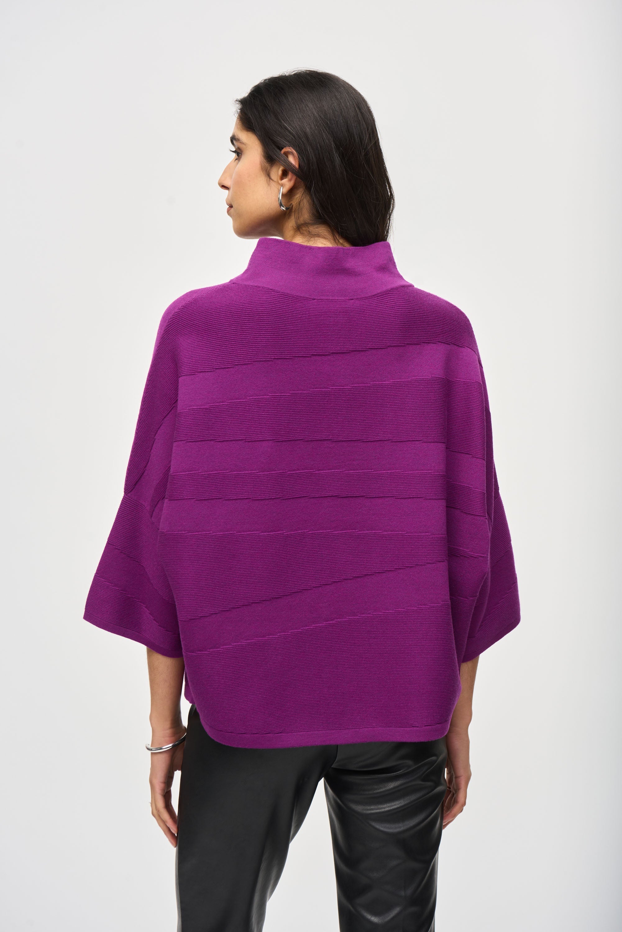 Back view of Joseph Ribkoff (243953) Women's 3/4 Sleeve Sweater Knit Mock Neck Boxy Top in Empress Purple