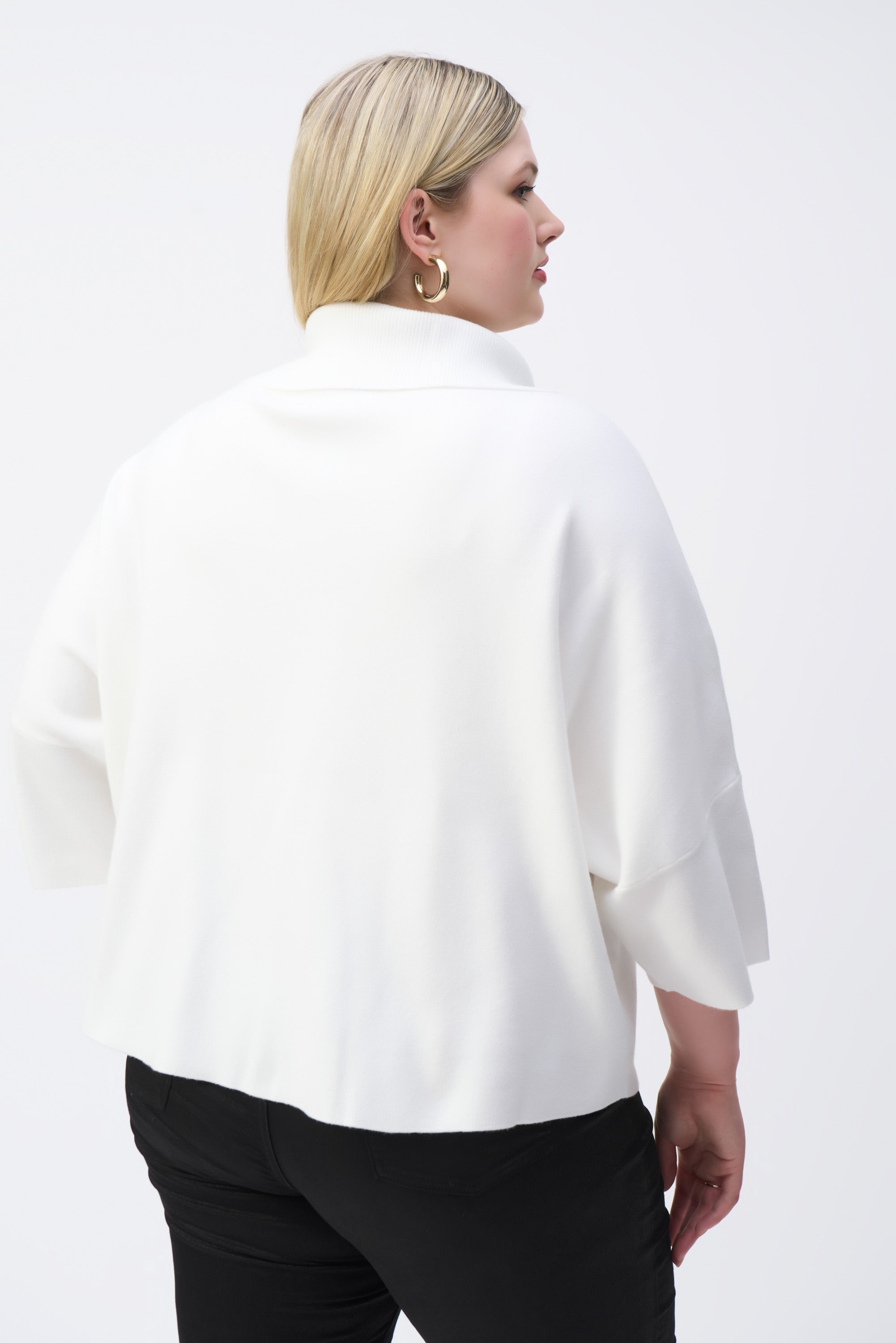 Back view of Joseph Rikoff (243954) Women's 3/4 Bell Sleeve Jacquard Sweater with Zip Collar and Front Patch Pocket in Vanilla White