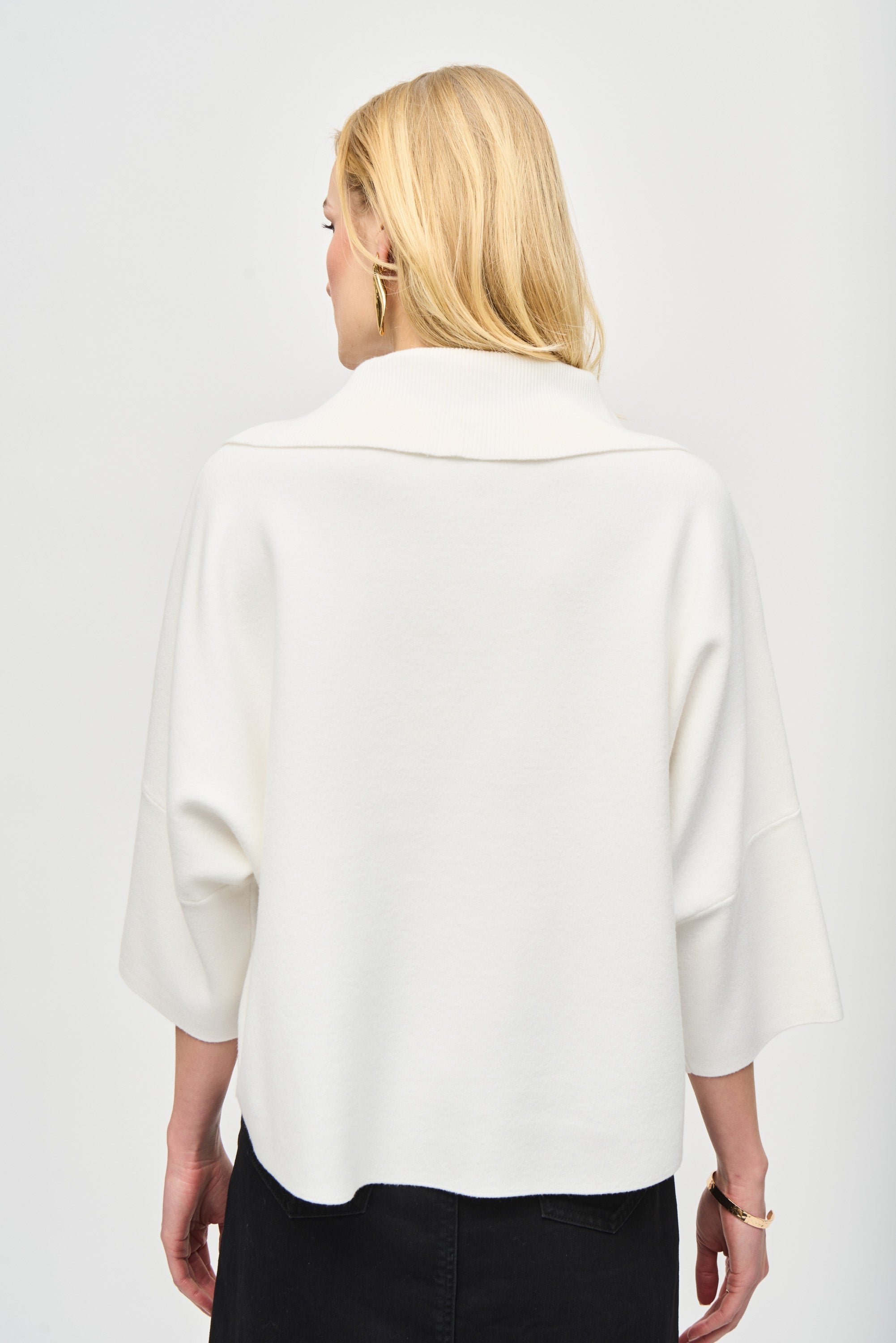 Back view of Joseph Rikoff (243954) Women's 3/4 Bell Sleeve Jacquard Sweater with Zip Collar and Front Patch Pocket in Vanilla White