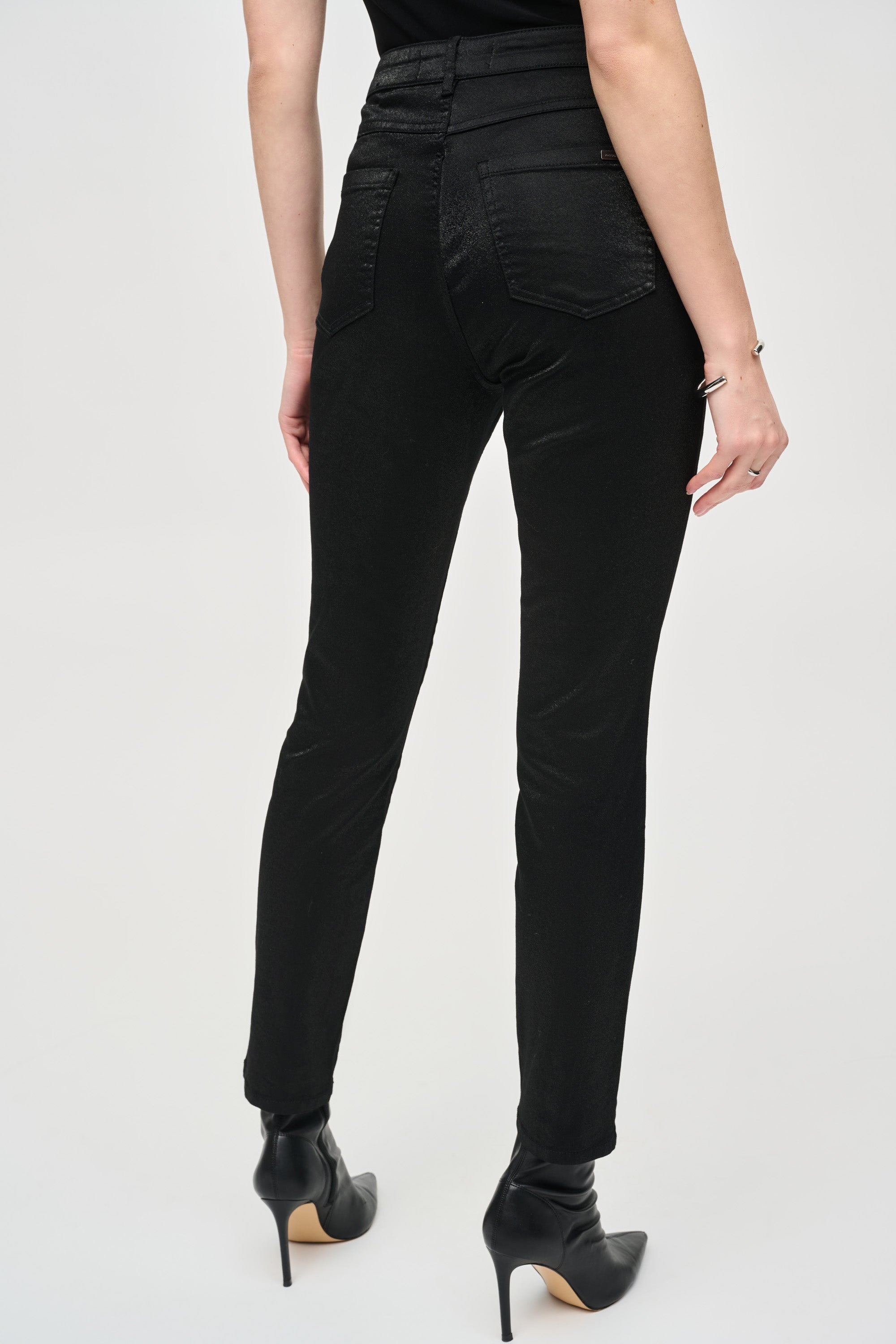 Back viw of Joseph Ribkoff (243959) Women's Slim Fit Foiled Shimmer Denim Jeans in Black