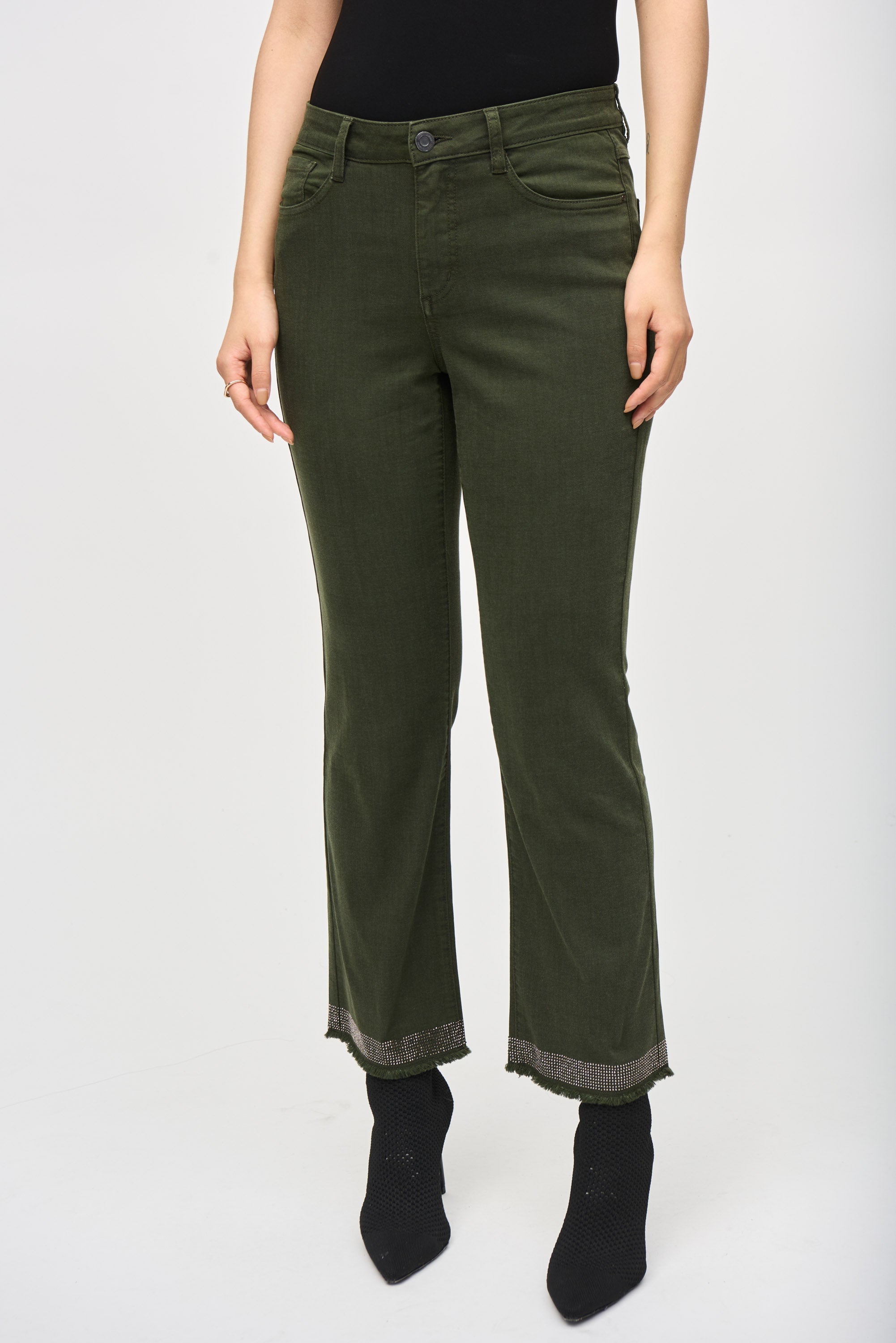 Joseph Ribkoff (243964) Women's Cropped Straight Leg Denim Jeans with Frayed Hem with Studded Details in Iguana Green