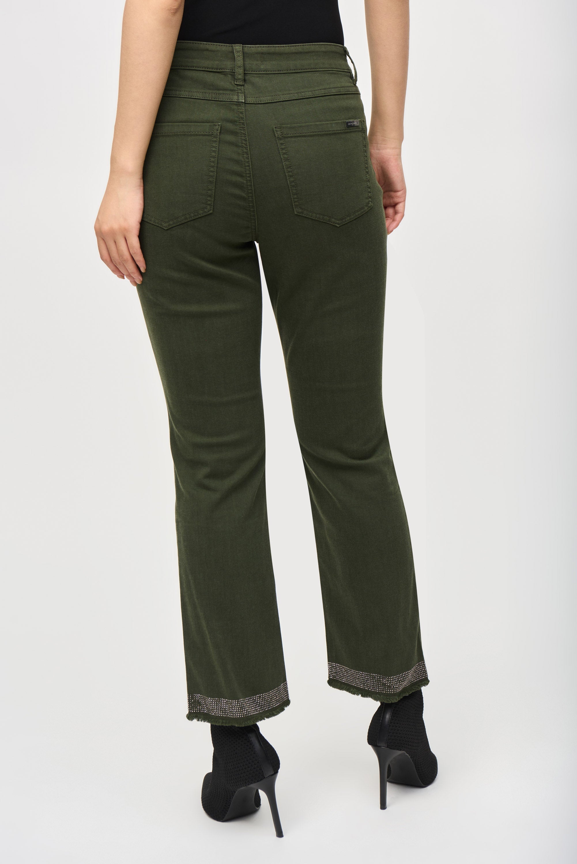 Back view of Joseph Ribkoff (243964) Women's Cropped Straight Leg Denim Jeans with Frayed Hem with Studded Details in Iguana Green