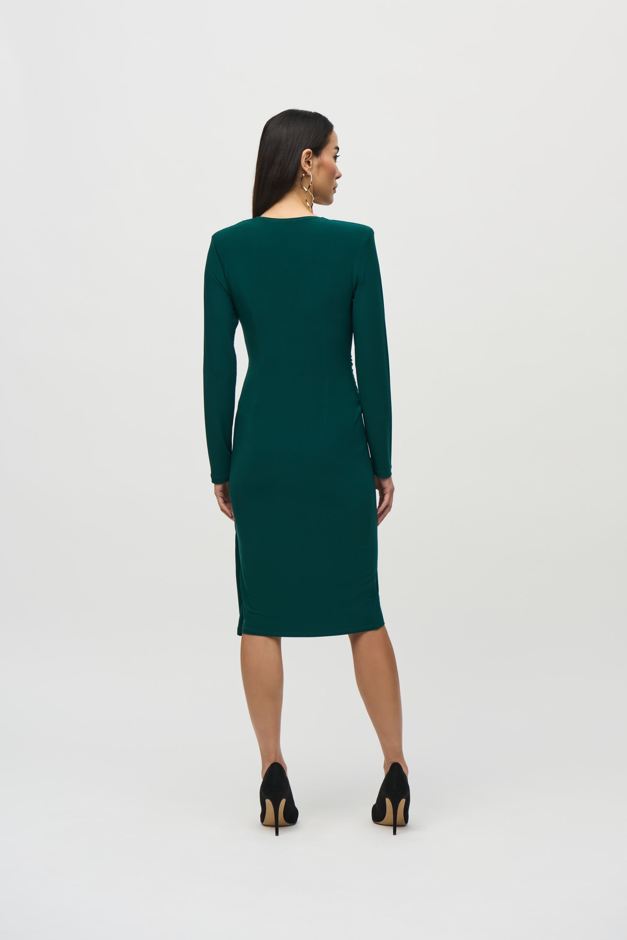 Back view of Joseph Ribkoff (244024)  Women's Long Sleeve Silky Knit Wrap Dress in Absolute Green