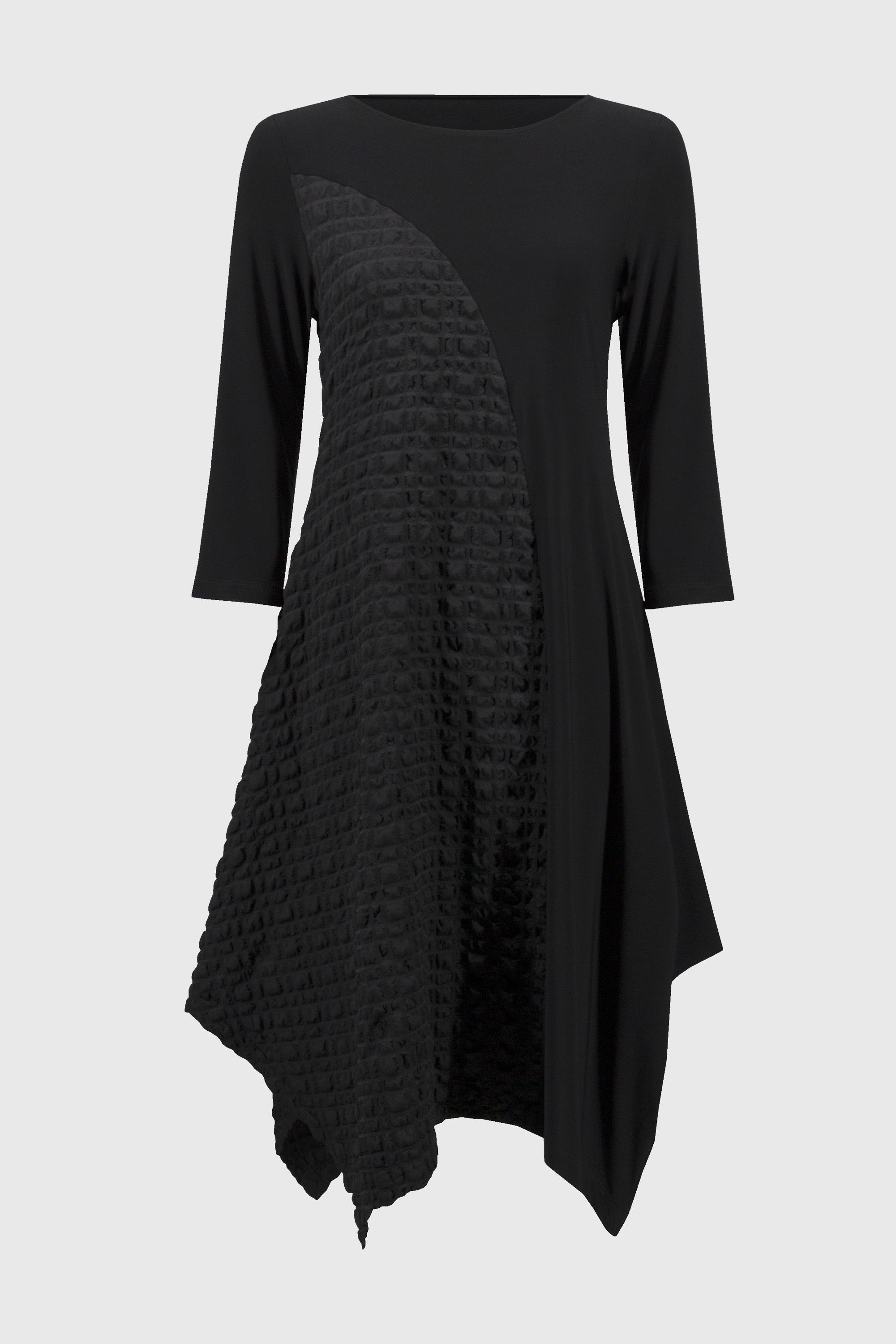 Off-Figure Joseph Ribkoff (244037) 3/4 Sleeve Silky Knit And Jacquard Handkerchief Dress in Black