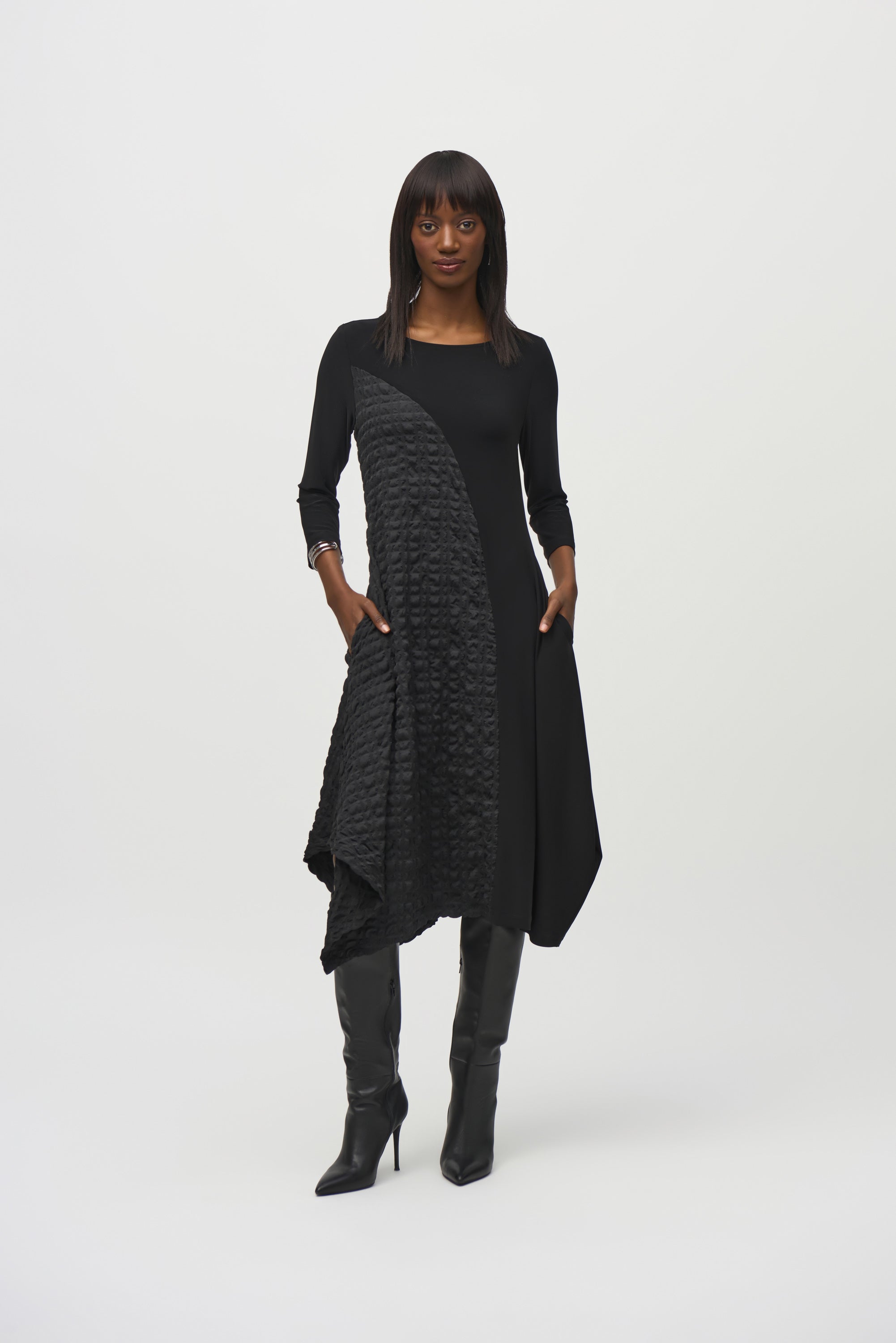 Joseph Ribkoff (244037) 3/4 Sleeve Silky Knit And Jacquard Handkerchief Dress in Black