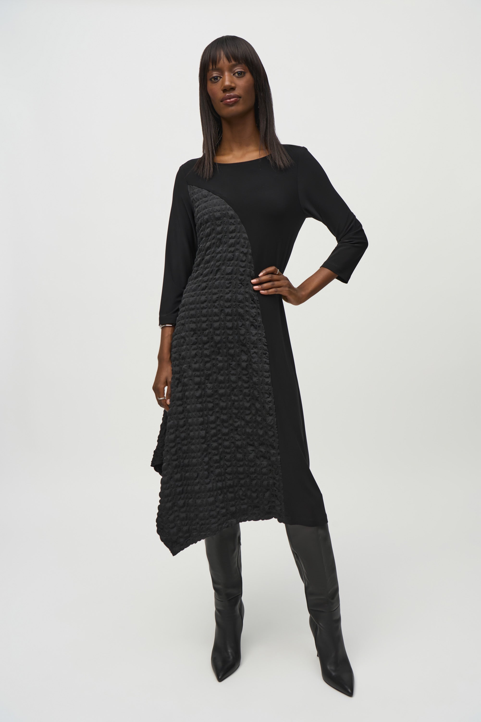 Joseph Ribkoff (244037) 3/4 Sleeve Silky Knit And Jacquard Handkerchief Dress in Black