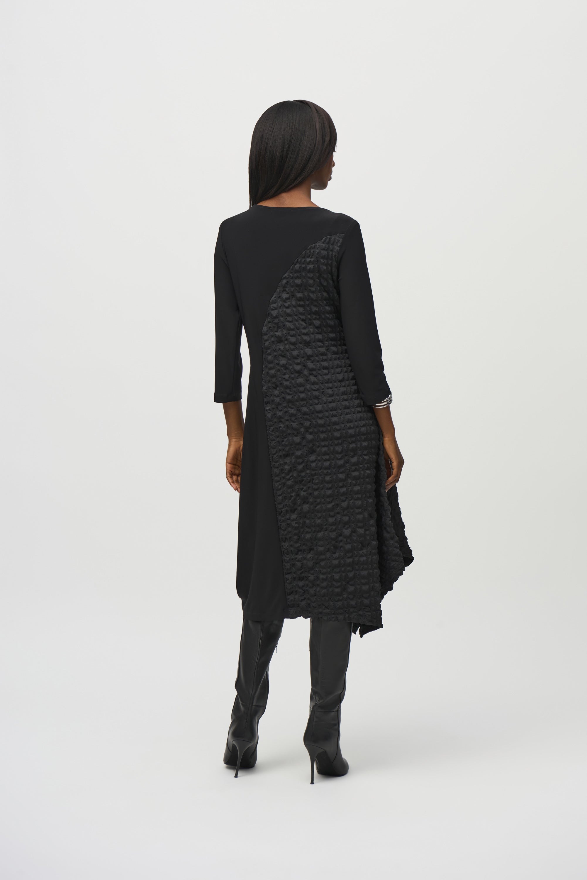 Back View Joseph Ribkoff (244037) 3/4 Sleeve Silky Knit And Jacquard Handkerchief Dress in Black