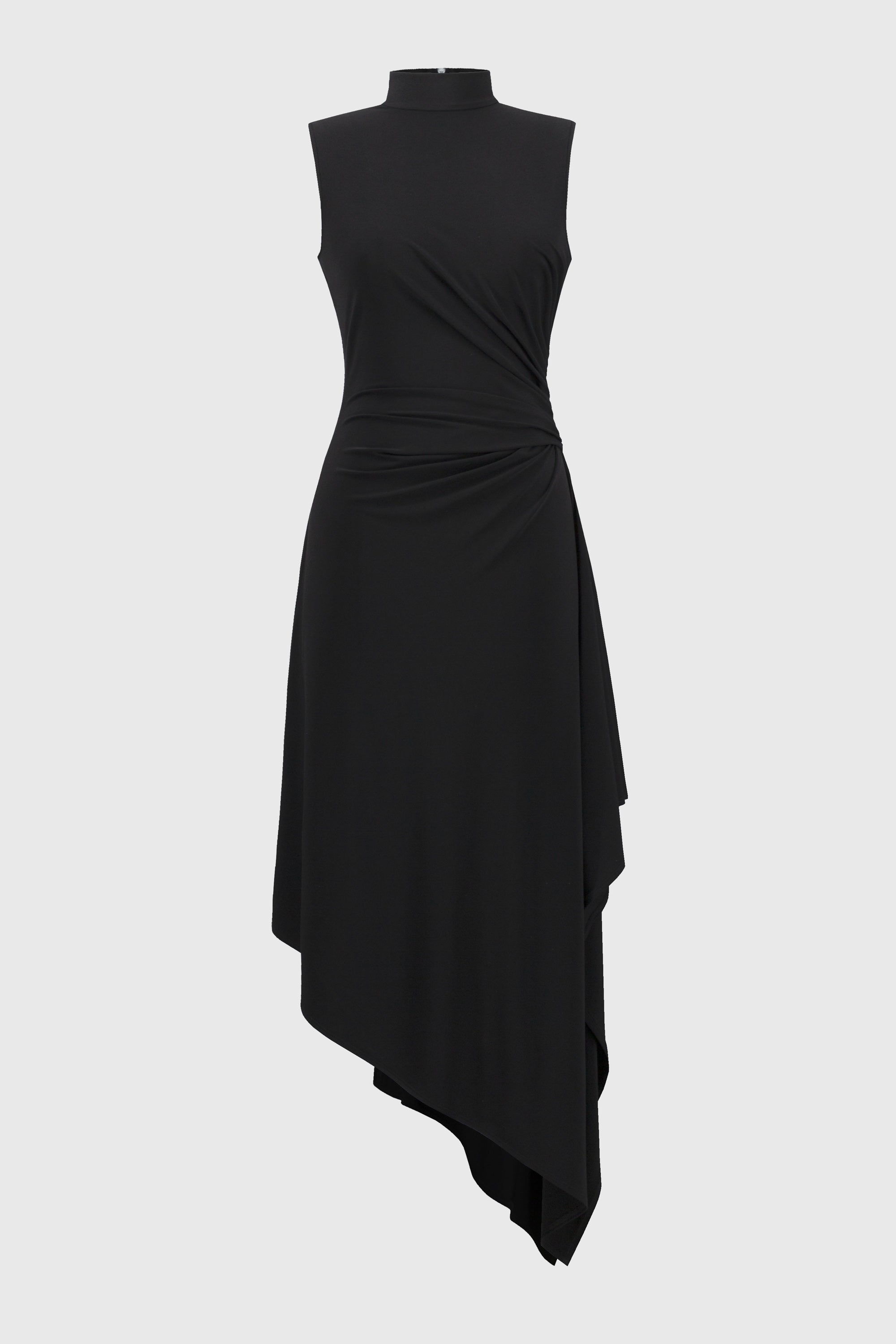 Off-figure Joseph Ribkoff (244038) Sleeveless Silky Knit Fit and Flare Dress with Turtleneck and asymmetrical hemline in Black