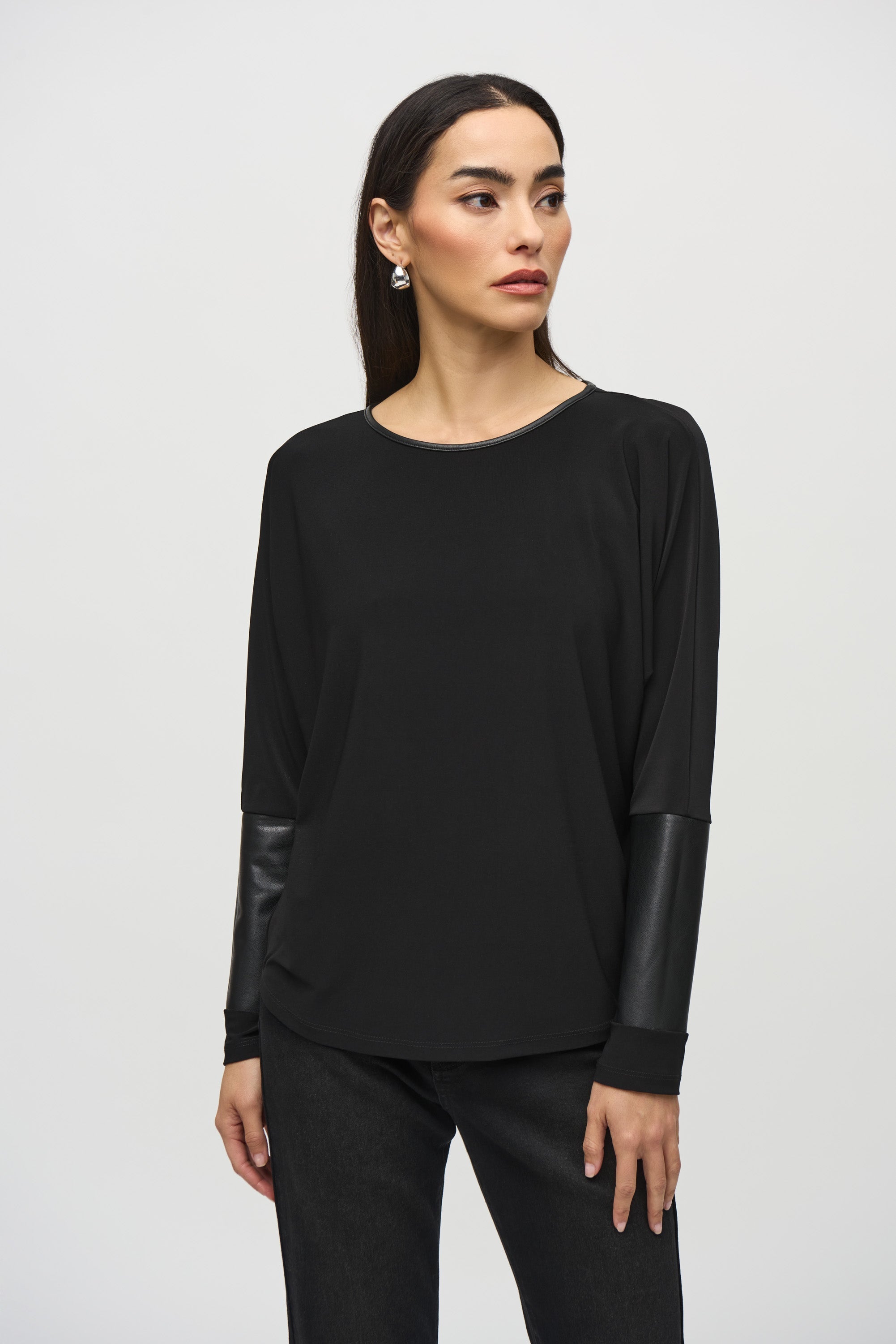 Joseph Ribkoff (24406) Long Sleeve Silky Knit Abstract Print Wrap Top in Black