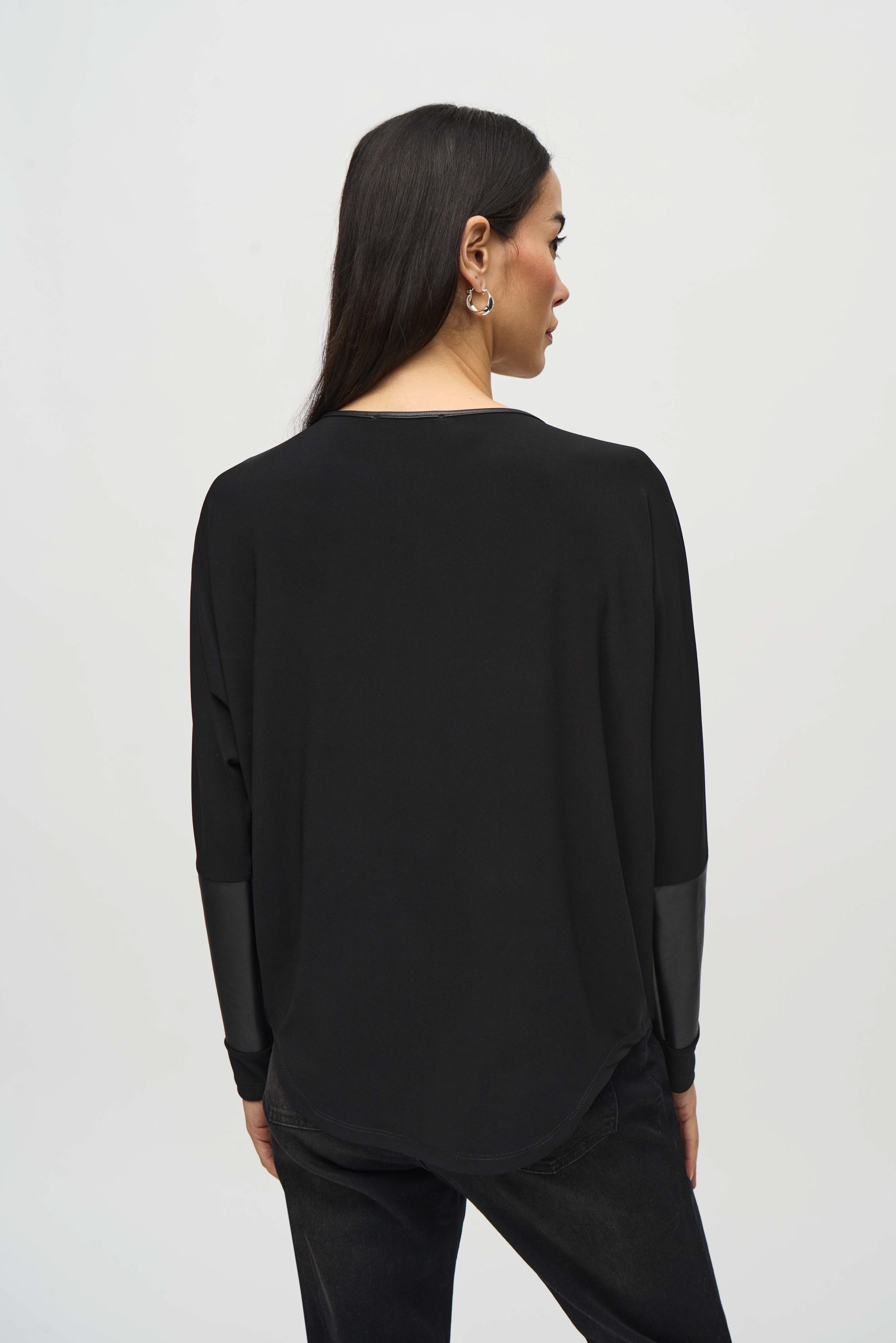 Back View Joseph Ribkoff (24406) Long Sleeve Silky Knit Abstract Print Wrap Top in Black