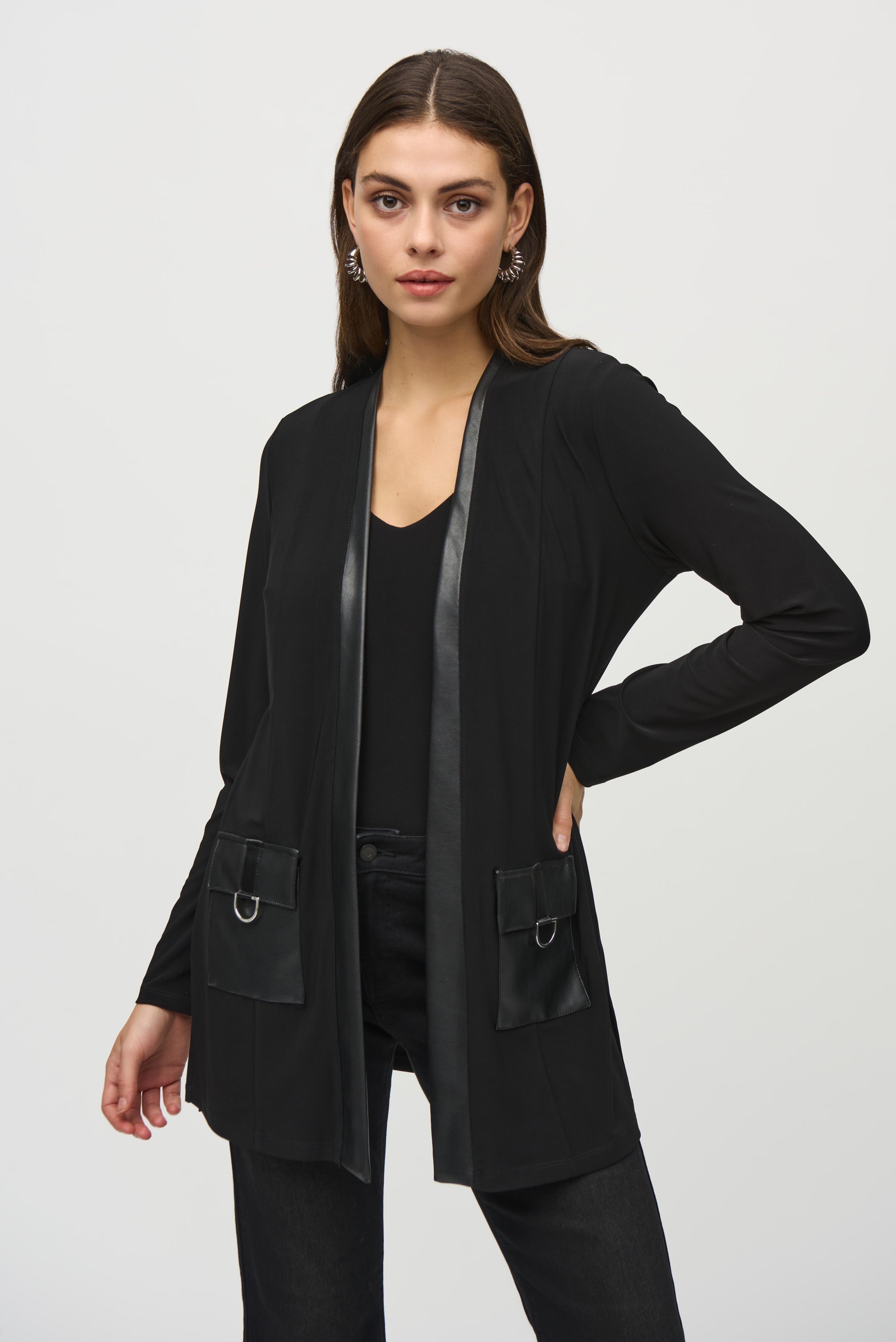 Joseph Ribkoff (244088) Long Sleeve Silky Knit And Leatherette Cover Up in Black