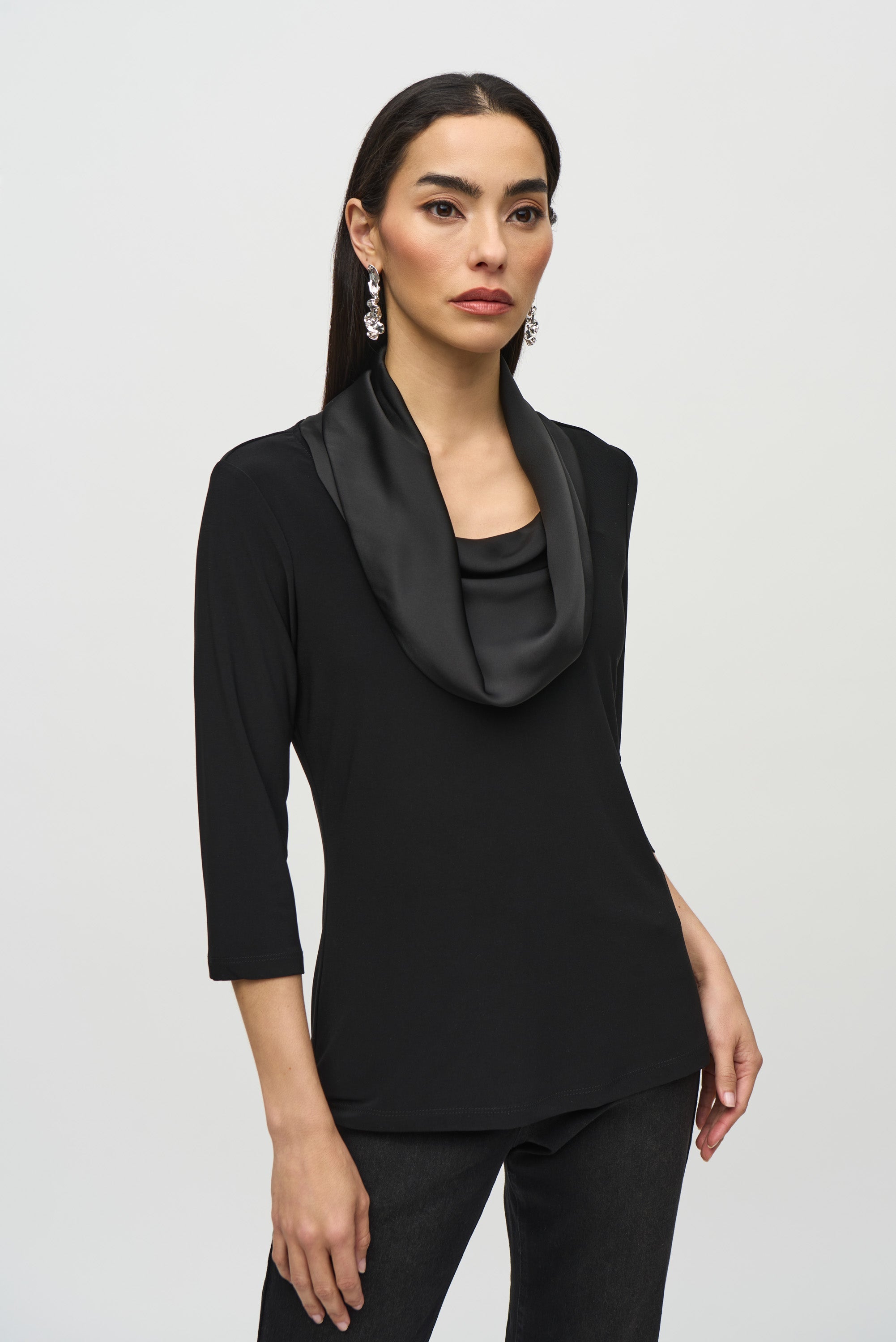 Joseph Ribkoff (244106) 3/4 Sleeve Cowl Neck Silky Knit And Satin Fitted Top in Black