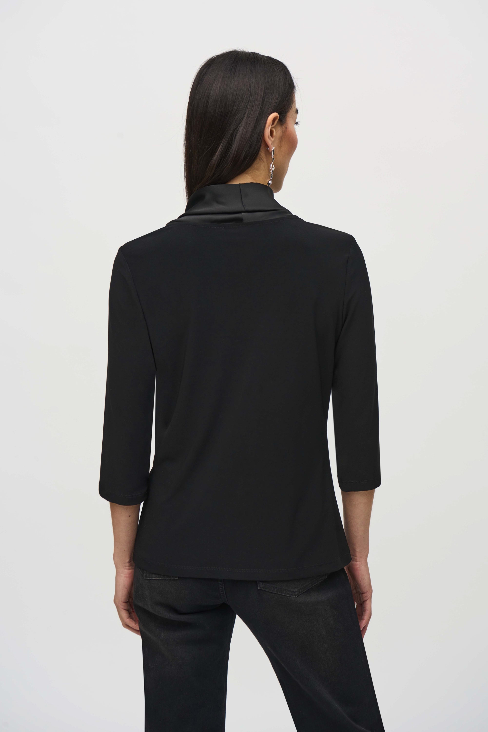 Back View Joseph Ribkoff (244106) 3/4 Sleeve Cowl Neck Silky Knit And Satin Fitted Top in Black