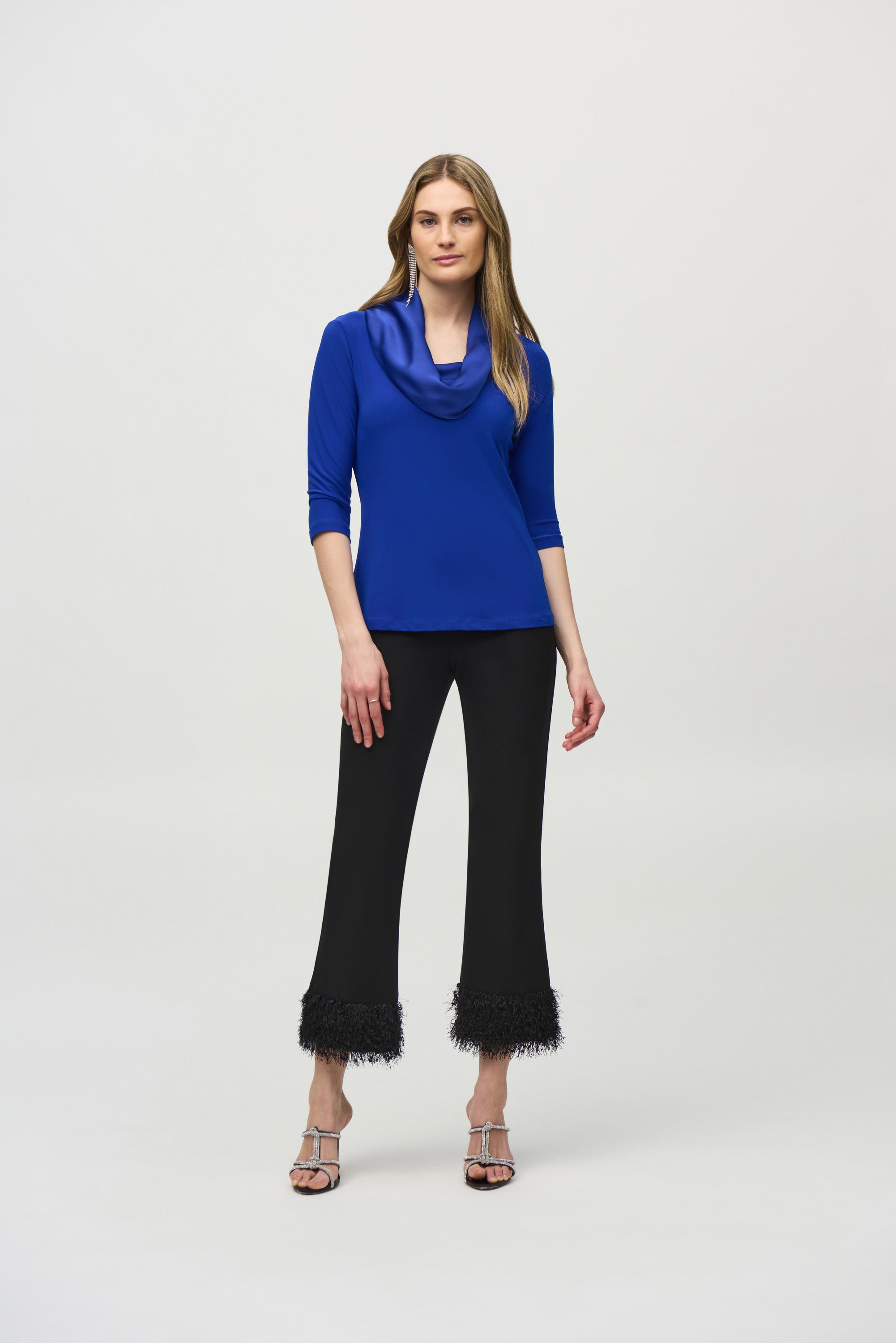 Joseph Ribkoff (244106) 3/4 Sleeve Cowl Neck Silky Knit And Satin Fitted Top in Blue