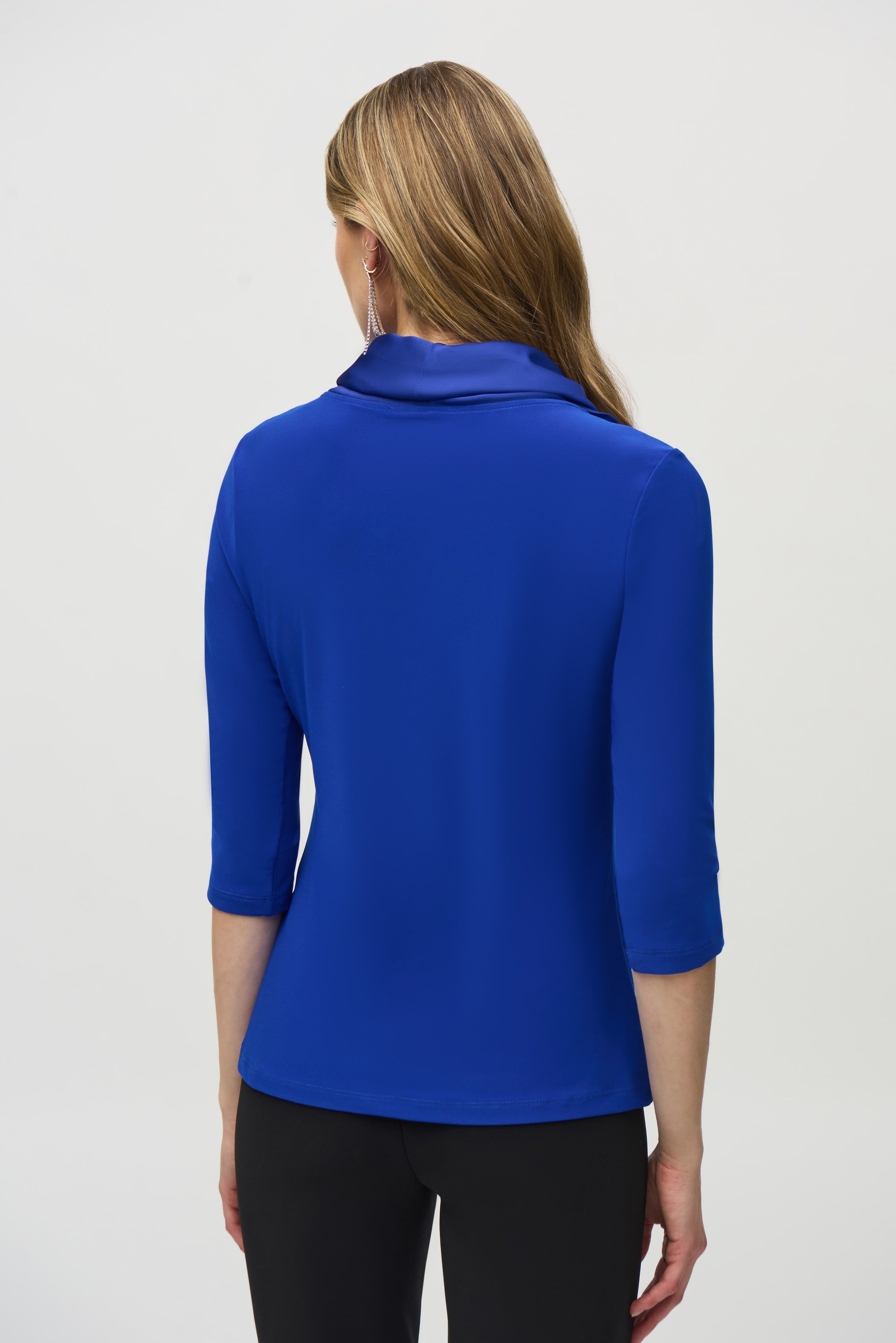 Back View Joseph Ribkoff (244106) 3/4 Sleeve Cowl Neck Silky Knit And Satin Fitted Top in Blue