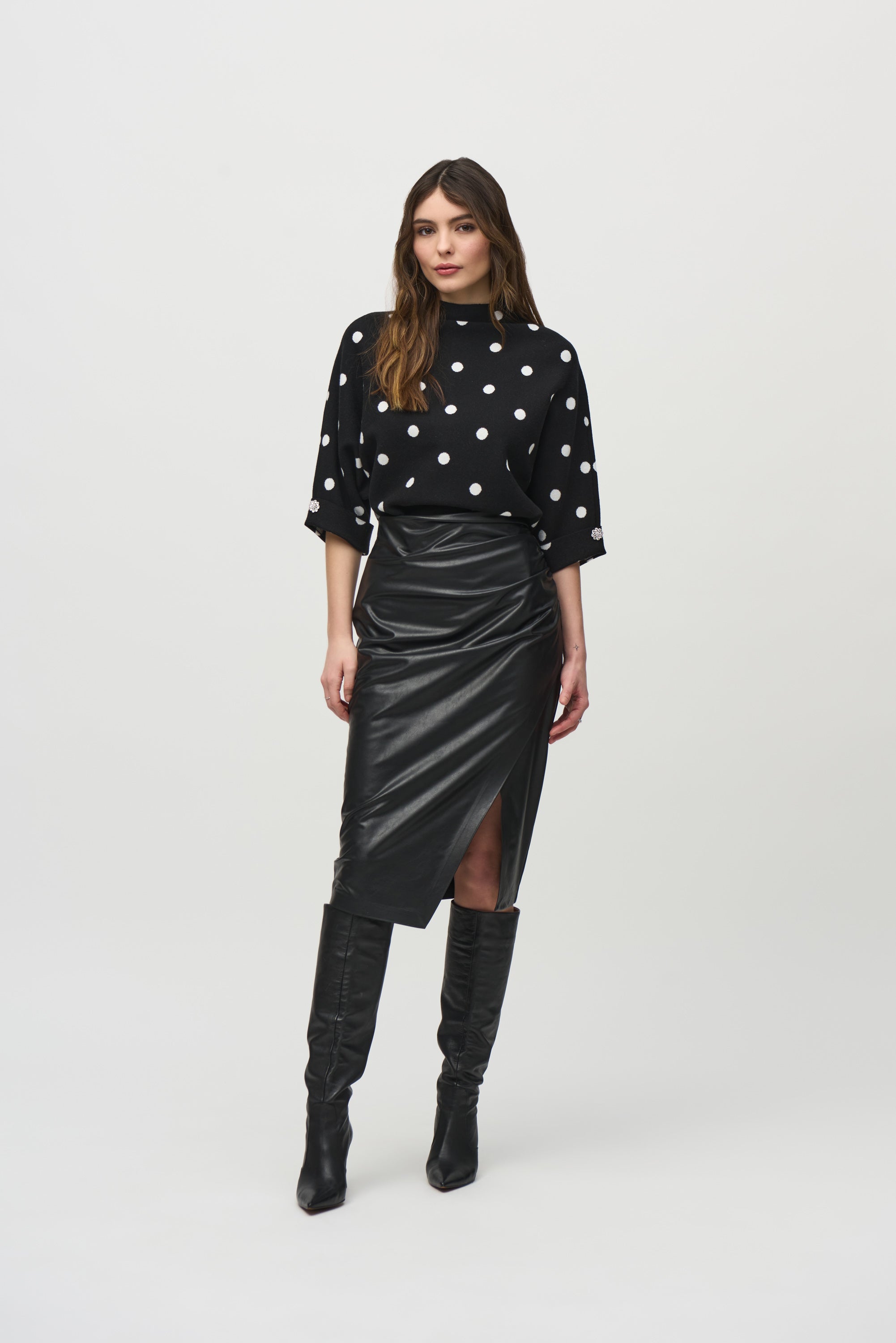 Joseph Ribkoff (244115) Leatherette Pull-On Pencil Midi Skirt in Black