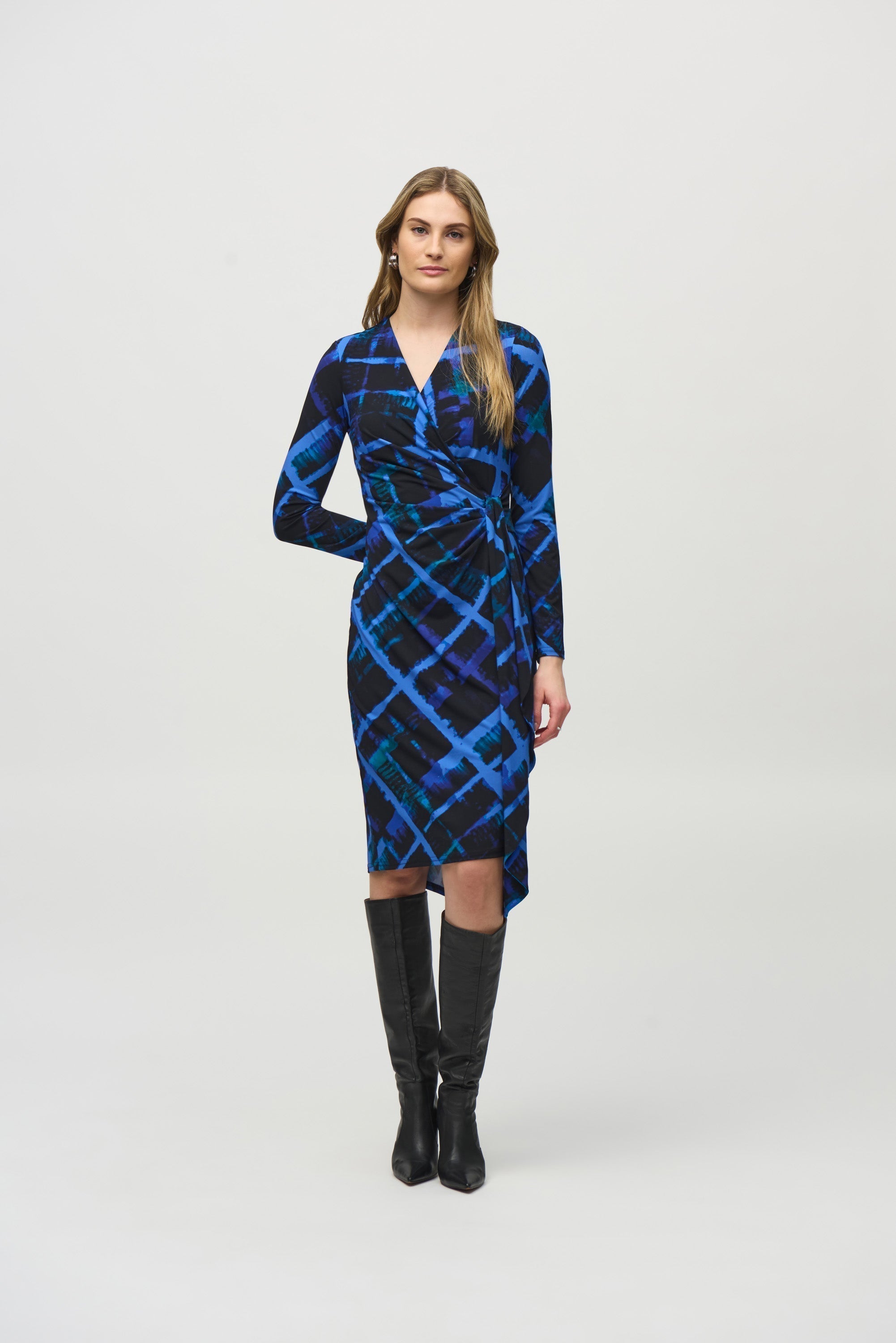 Joseph Ribkoff (244131) Long Sleeve Silky Knit Abstract Print Wrap Dress in Black and Blue