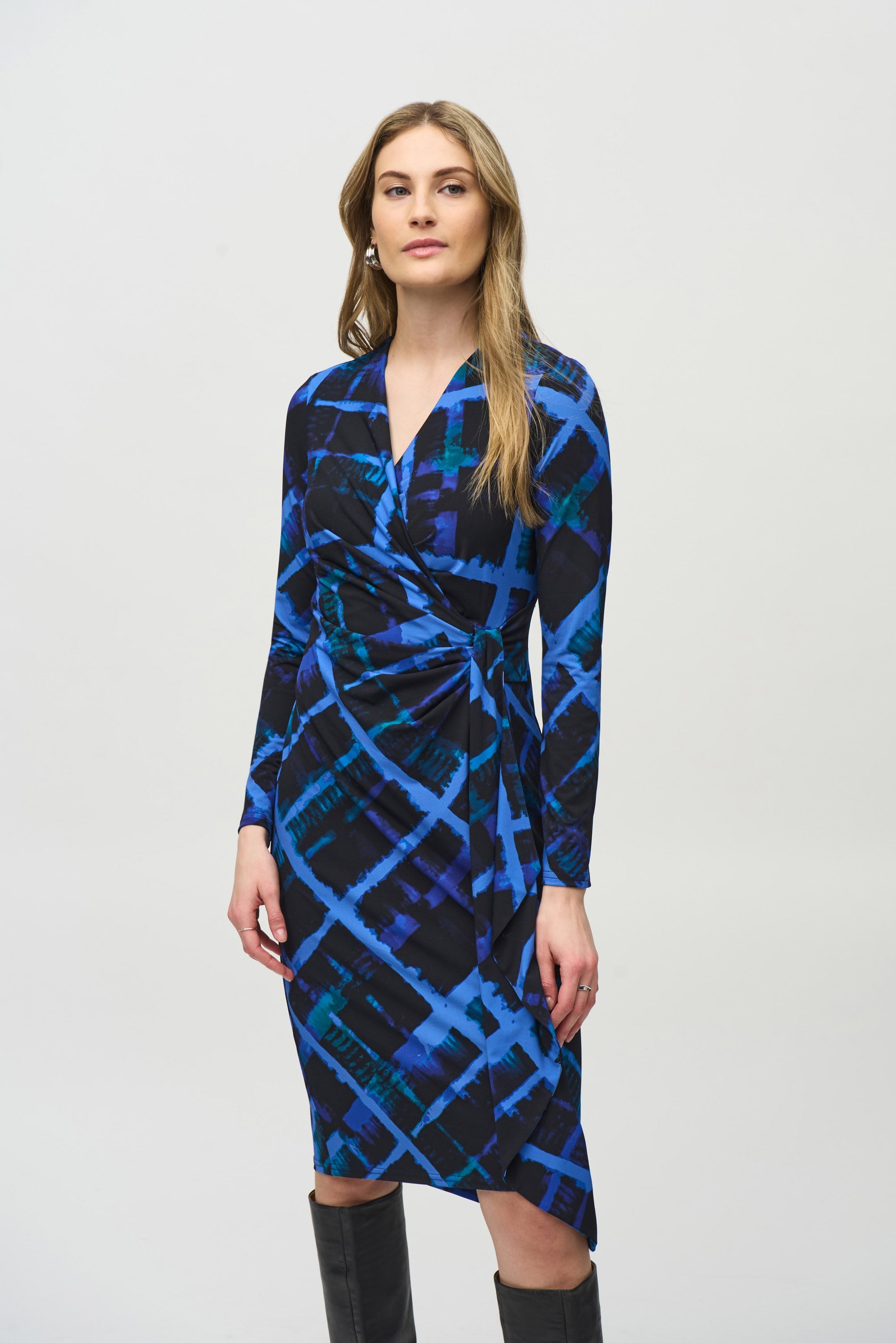 Joseph Ribkoff (244131) Long Sleeve Silky Knit Abstract Print Wrap Dress in Black and Blue