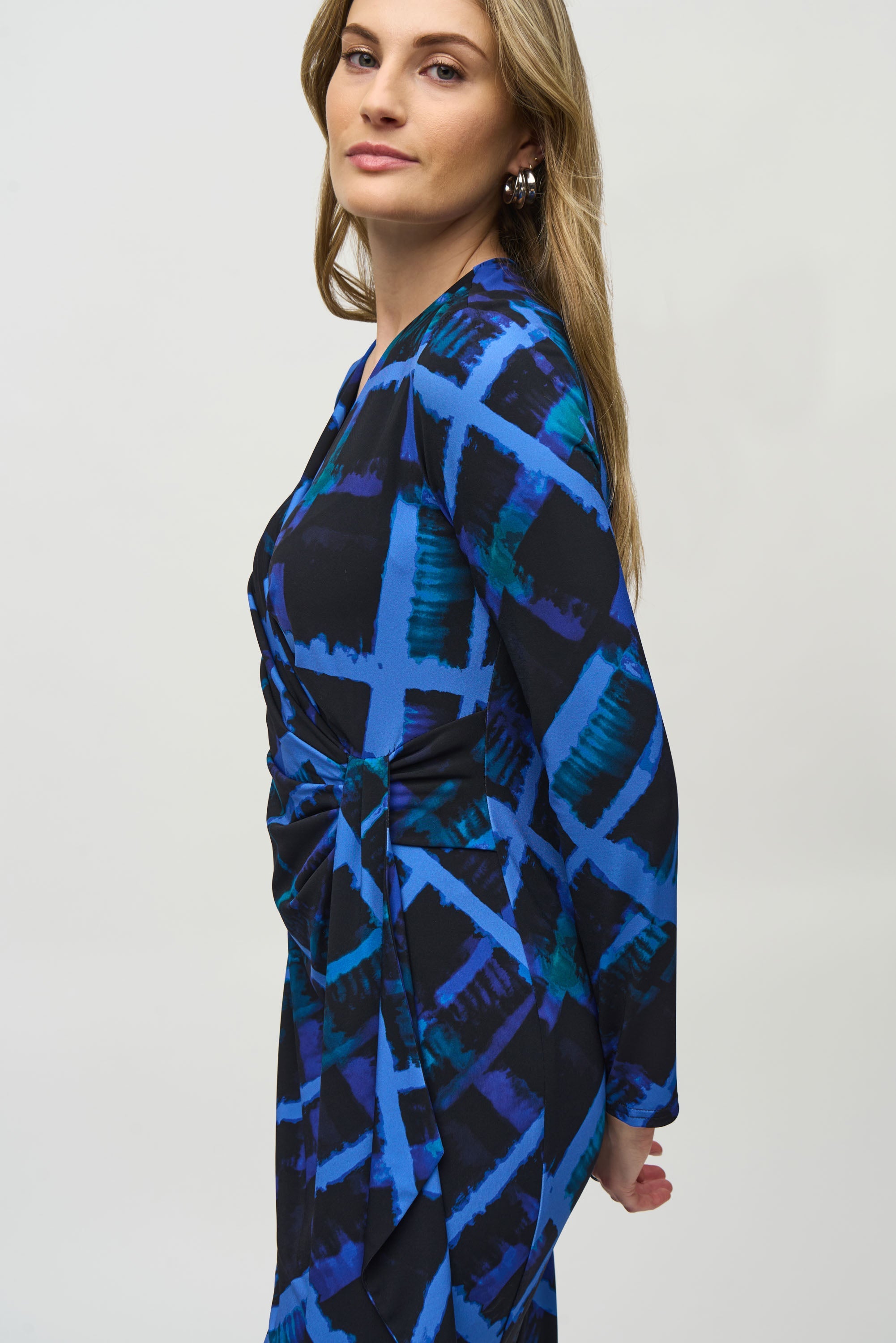 Side View Joseph Ribkoff (244131) Long Sleeve Silky Knit Abstract Print Wrap Dress in Black and Blue