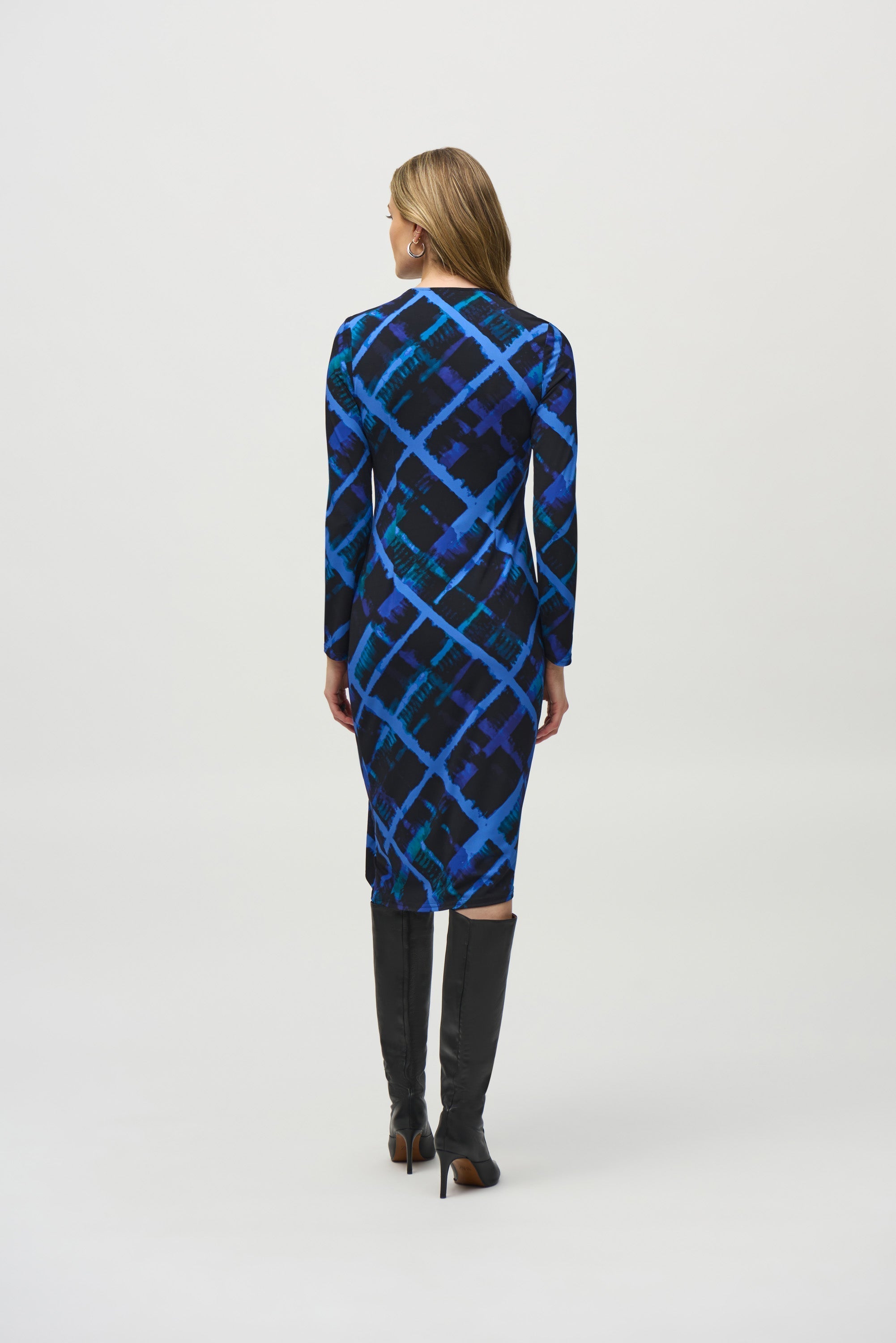 Back View Joseph Ribkoff (244131) Long Sleeve Silky Knit Abstract Print Wrap Dress in Black and Blue