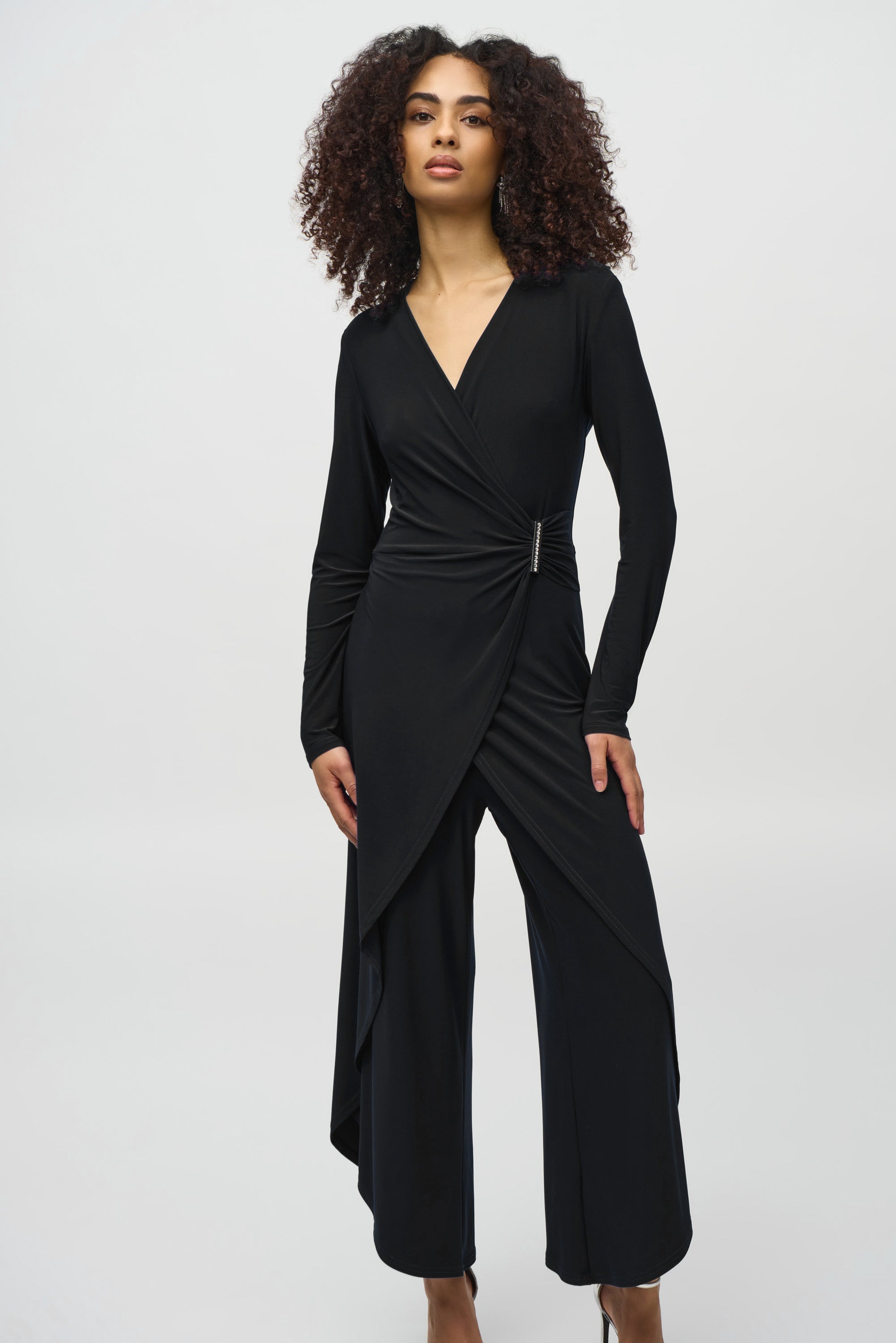 Joseph Ribkoff (244155) Long Sleeve Silky Knit Wrap Culotte Jumpsuit in Black