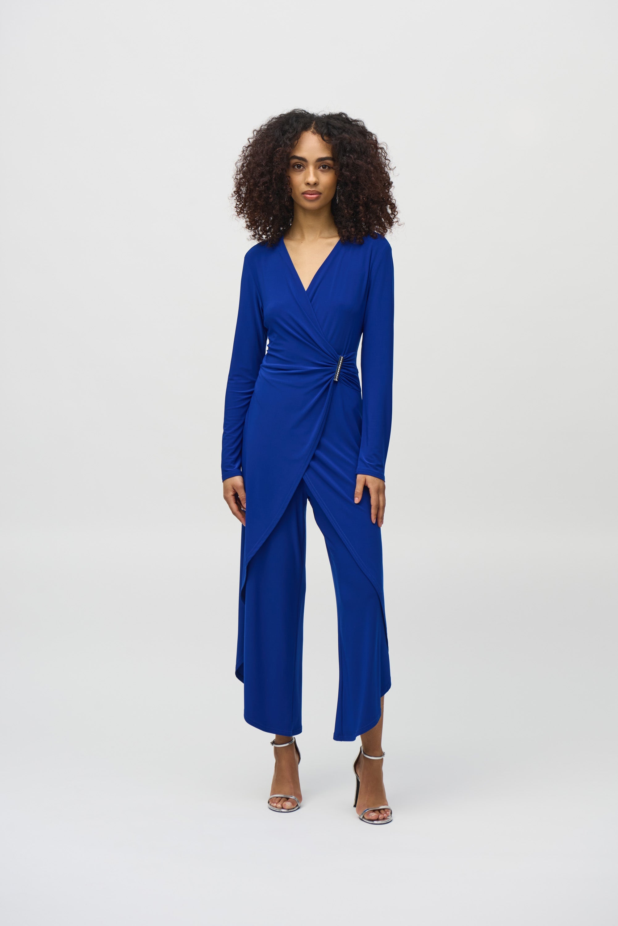 Joseph Ribkoff (244155) Long Sleeve Silky Knit Wrap Culotte Jumpsuit in Blue