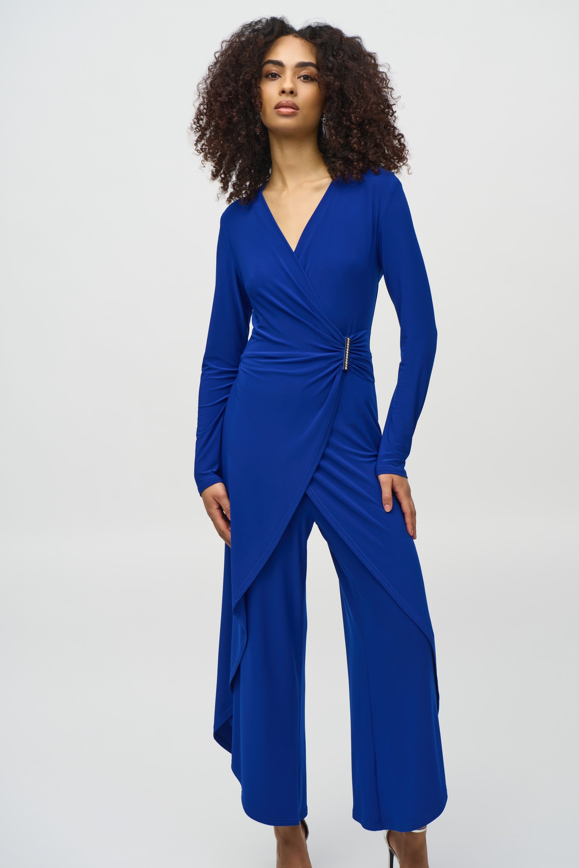 Joseph Ribkoff (244155) Long Sleeve Silky Knit Wrap Culotte Jumpsuit in Blue