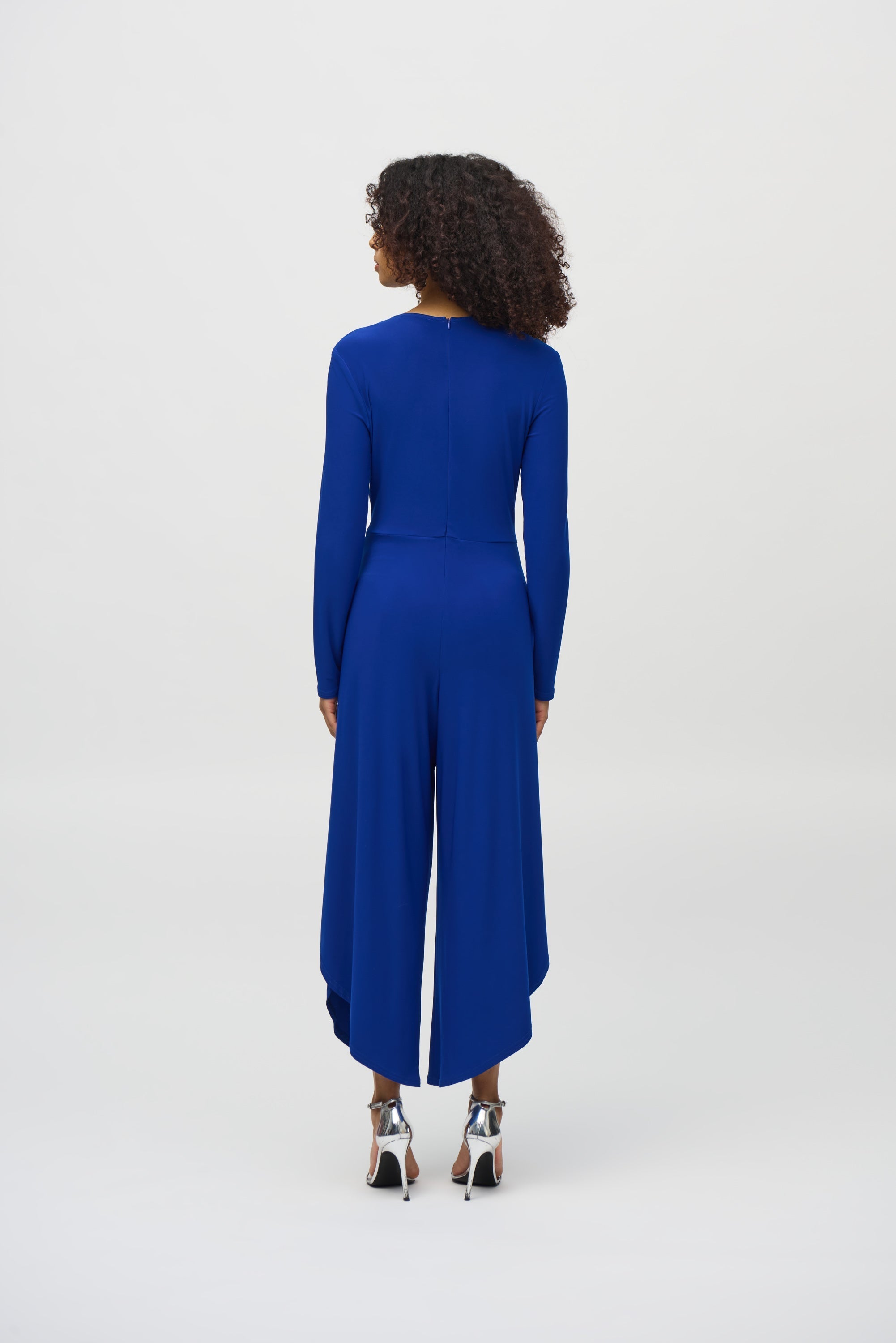 Back View Joseph Ribkoff (244155) Long Sleeve Silky Knit Wrap Culotte Jumpsuit in Blue