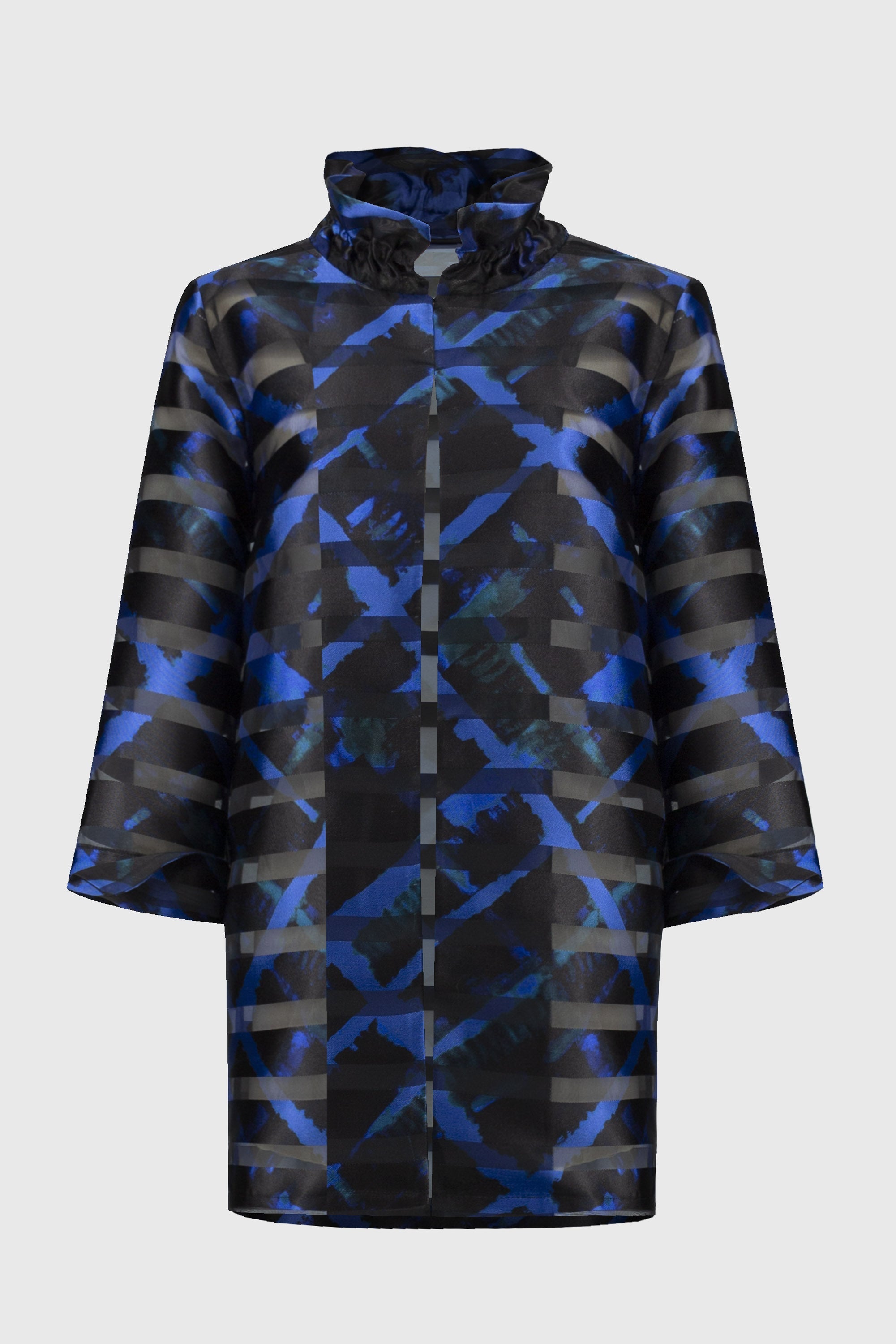 Off-Figure Joseph Ribkoff (244198) Three Quarter Sleeve Satin and Organza Plaid Jacket in Blue and Black 