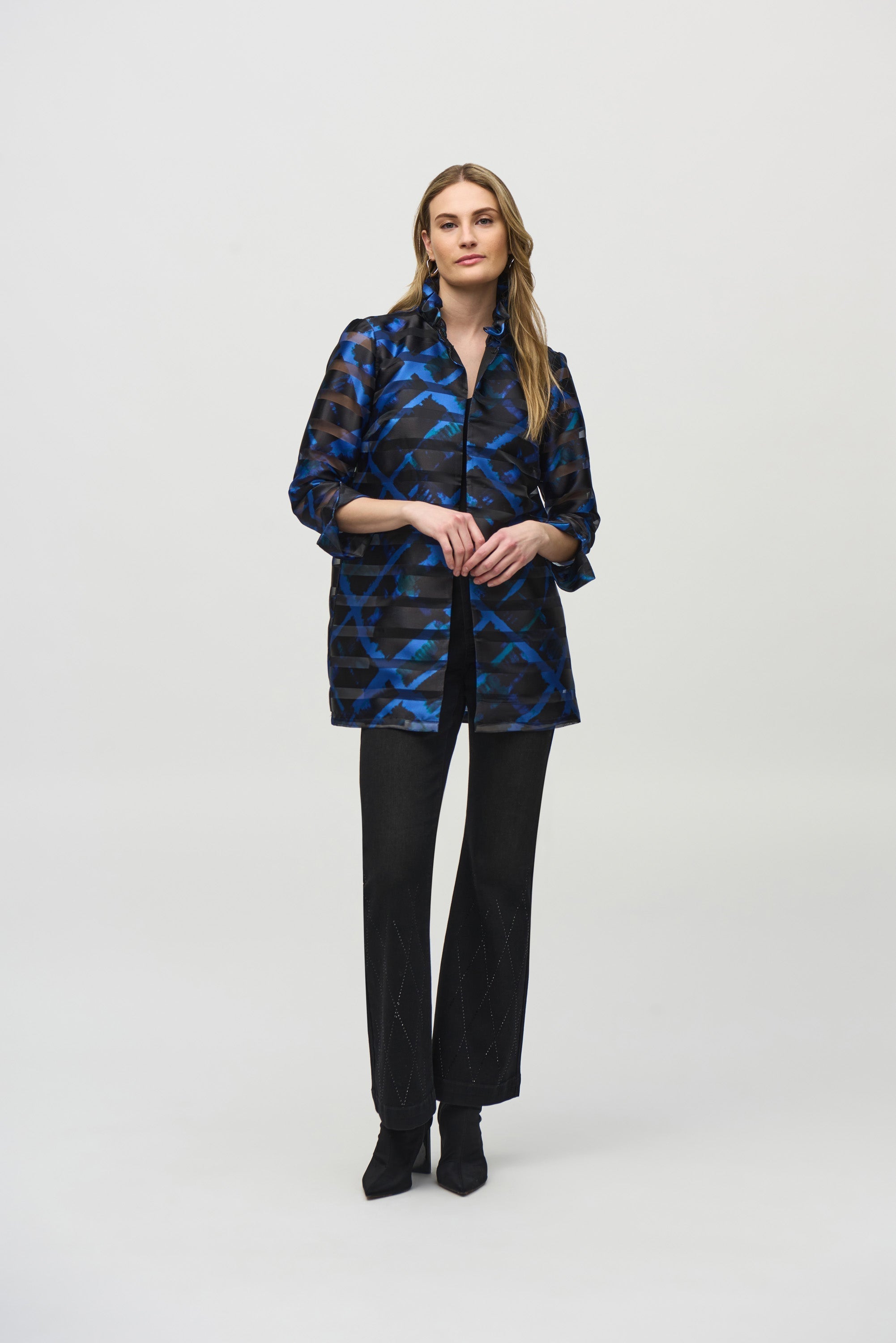 Joseph Ribkoff (244198) Three Quarter Sleeve Satin and Organza Plaid Jacket in Blue and Black 